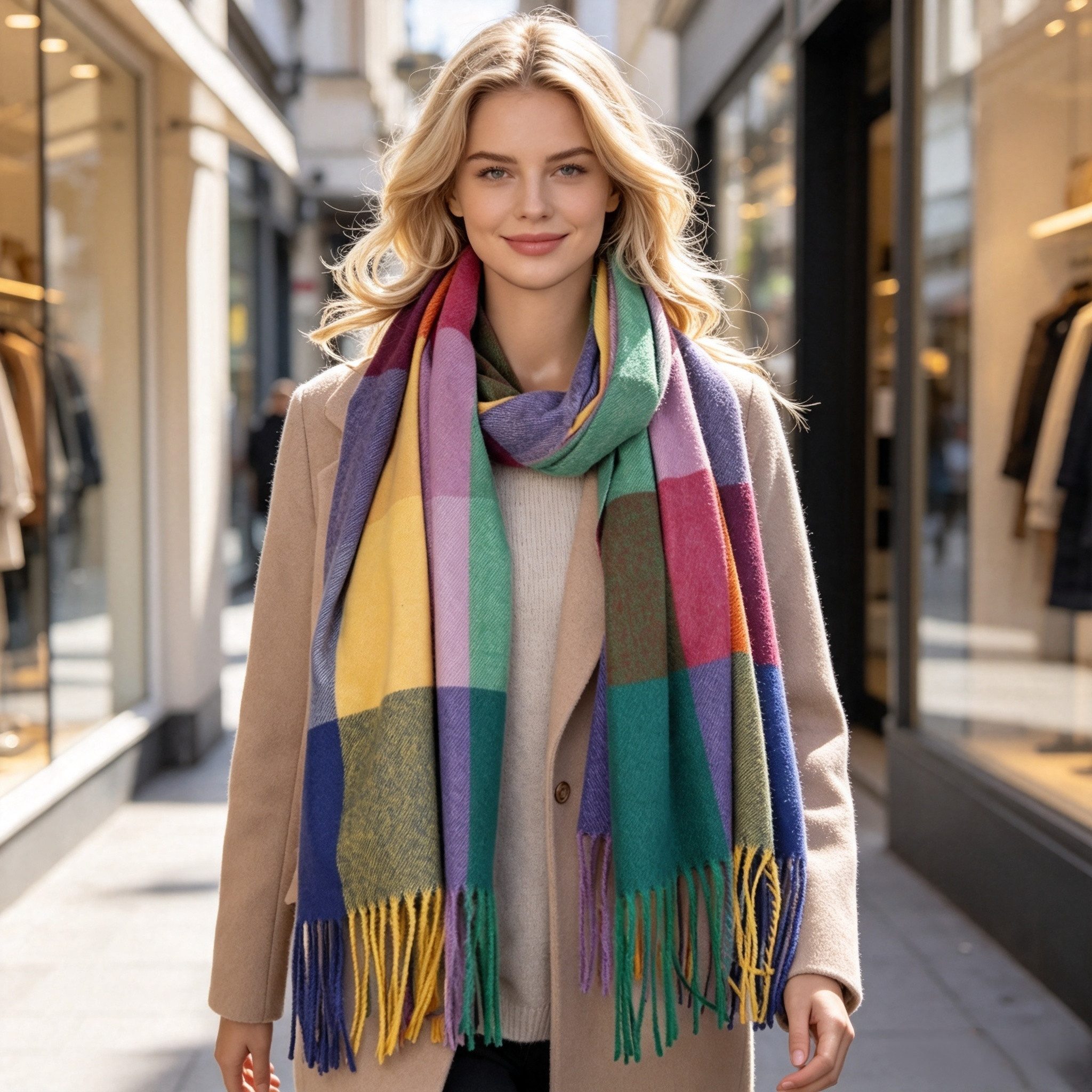 MIRROSI Modeschal weicher und warmer Schal Karo Kariert Muster mit Fransen, 70x180cm, (angesagtes Karomuster), Damen Halstuch ideal für Herbst und Winter – Bild 4 von 4