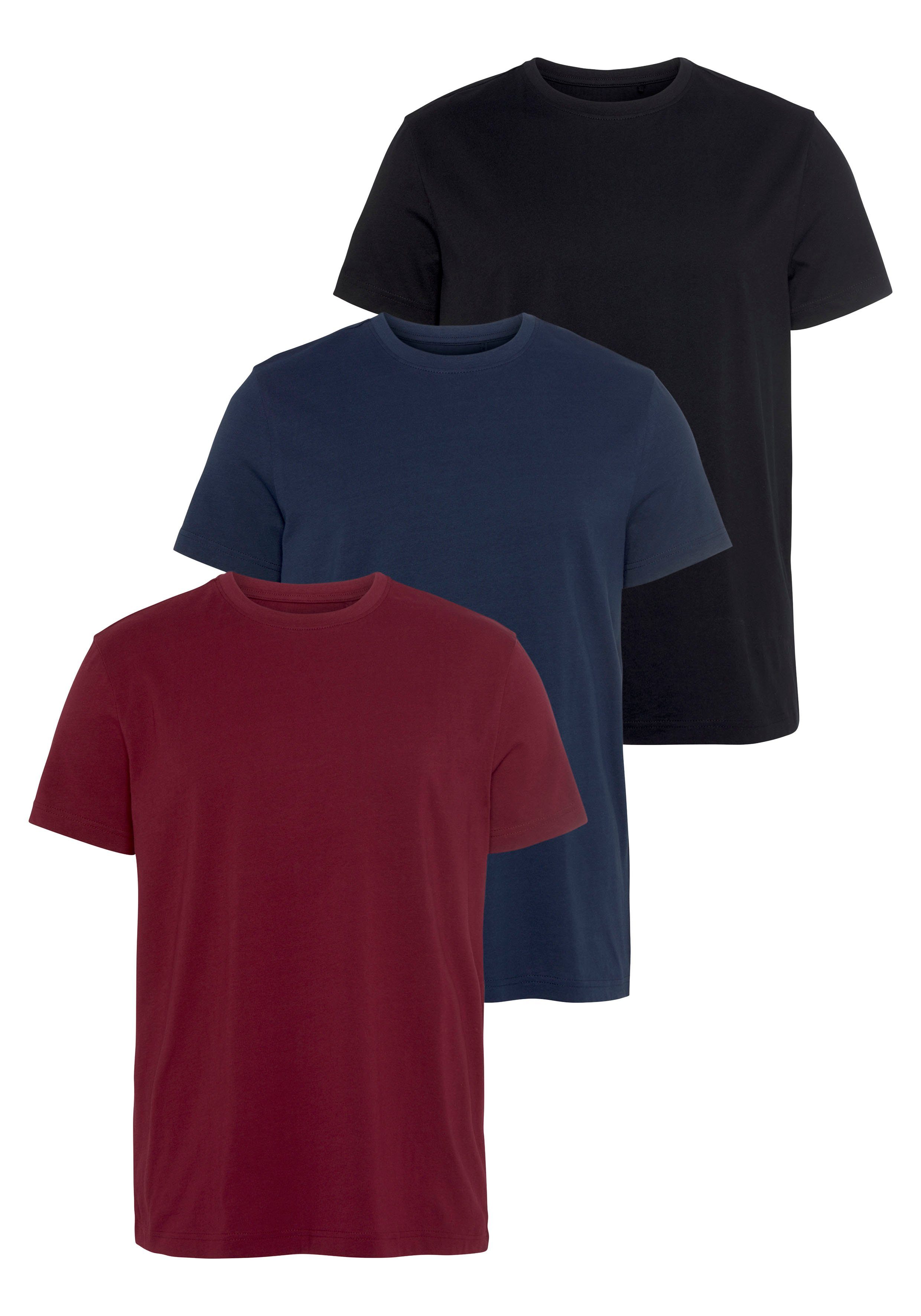 bordeaux, (Set, 3-tlg., T-Shirt aus 3er-Pack) Baumwolle schwarz reiner marine, AJC