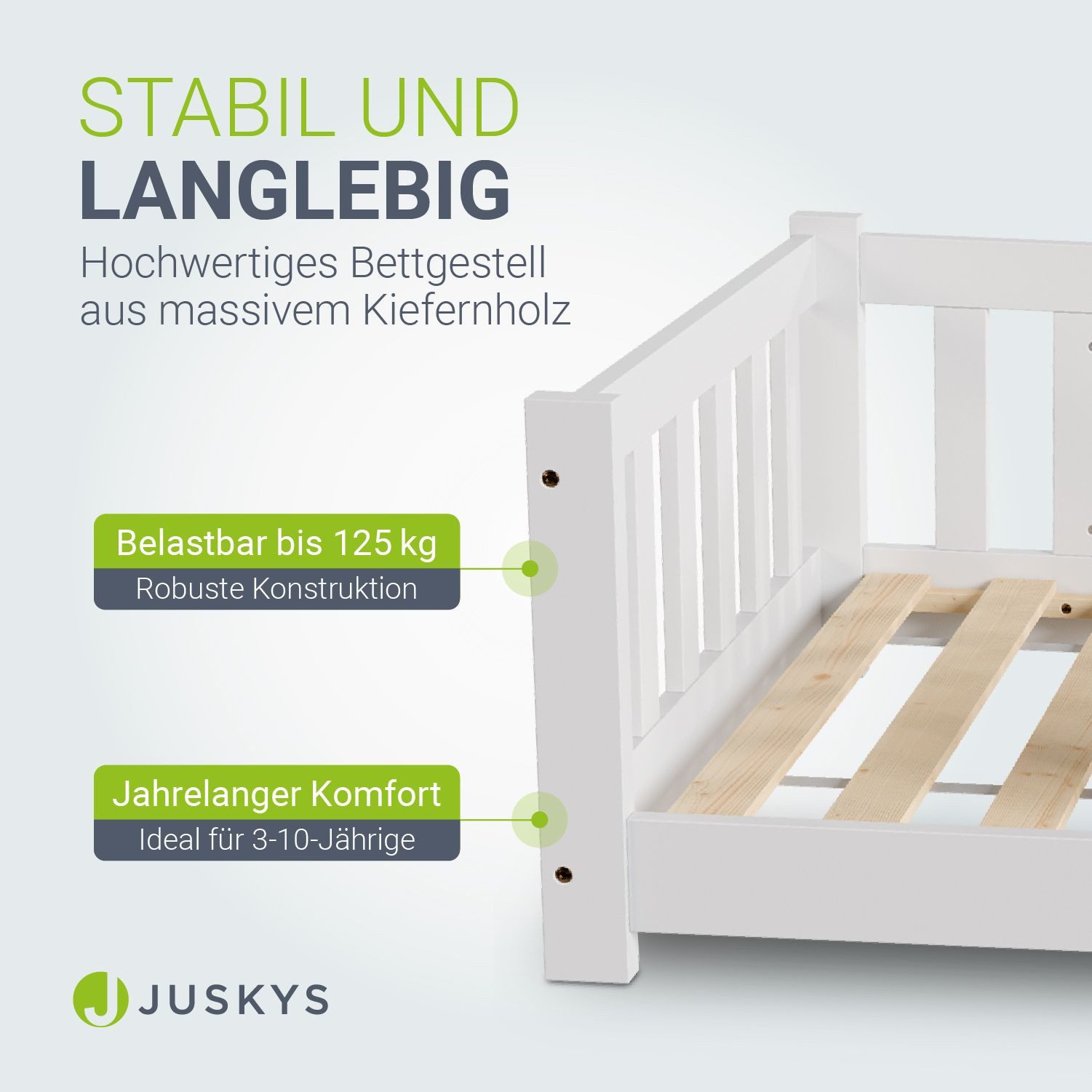 Juskys Kinderbett Naya, 80x160 cm Bodenbett aus Holz, mit Rausfallschutz & Lattenrost