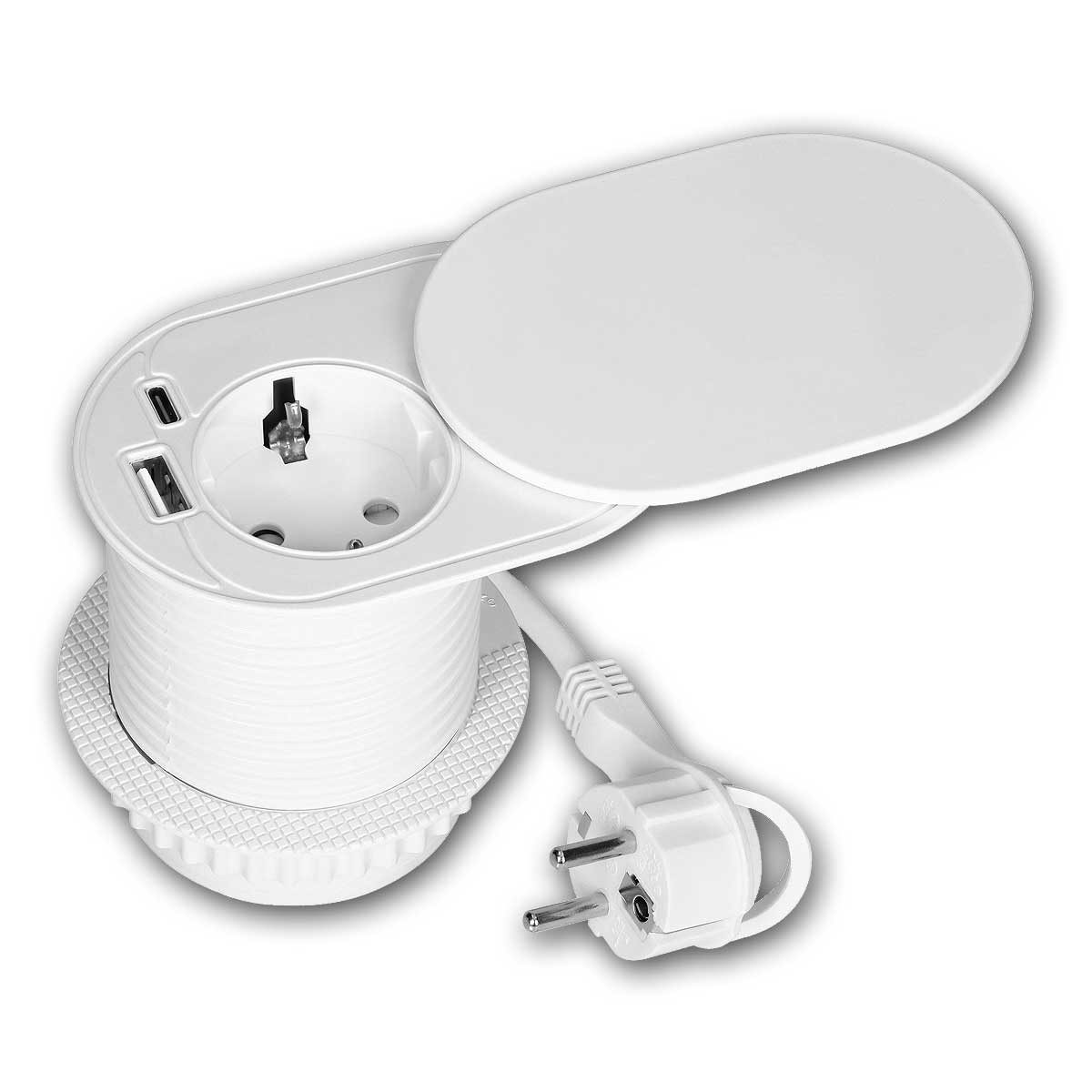 world-trading-net Steckdose Schreibtisch-Einbausteckdose + USB-C/A, Weiß