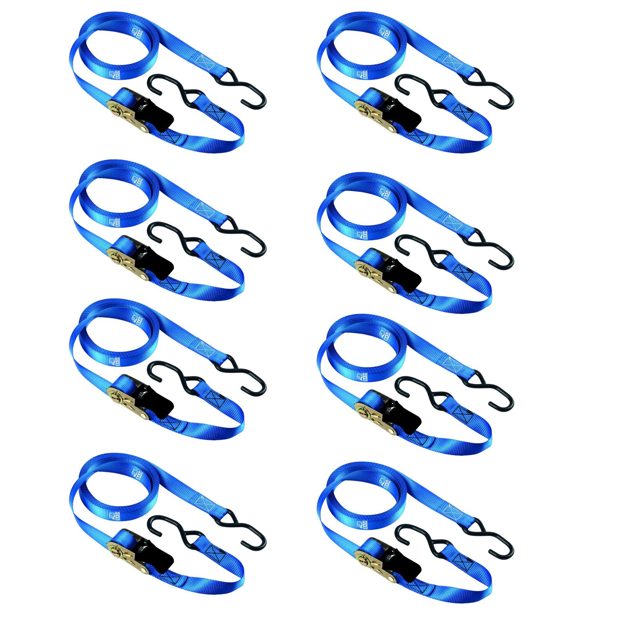 BASI Schlossverlängerung Ratschengurt (Spar-Set, 8-tlg), 8er Set, Ratsche/S-Haken, bis 250 kg, Gurt 2,5x500 cm, Zurrgurtt, TÜV