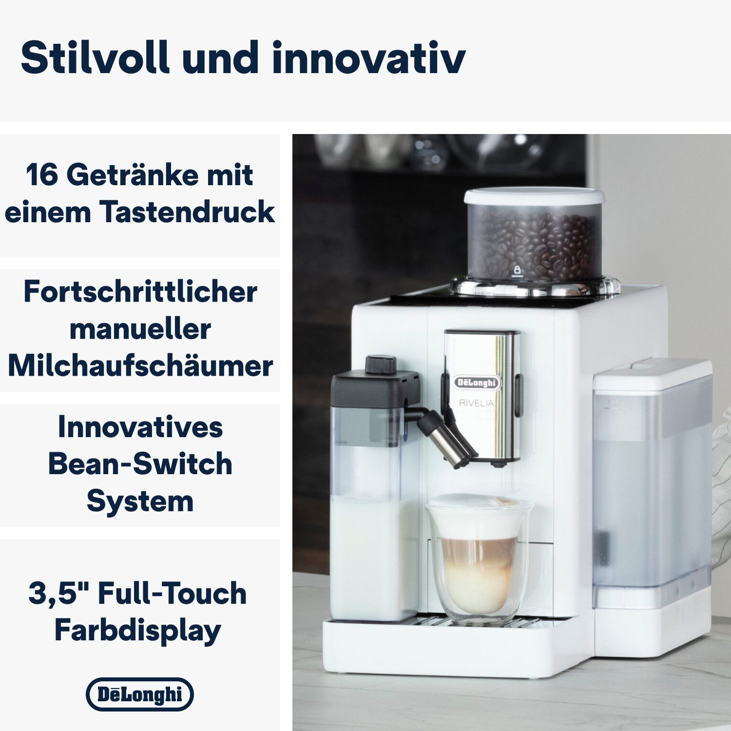 De'Longhi Kaffeevollautomat Rivelia EXAM440.55.W – 16 Kaffee-Rezepte, 2 Barista-Bohnenbehälter, weiß, Extra-Shot-Funktion, Innovatives Bean-Switch System, Touchdisplay