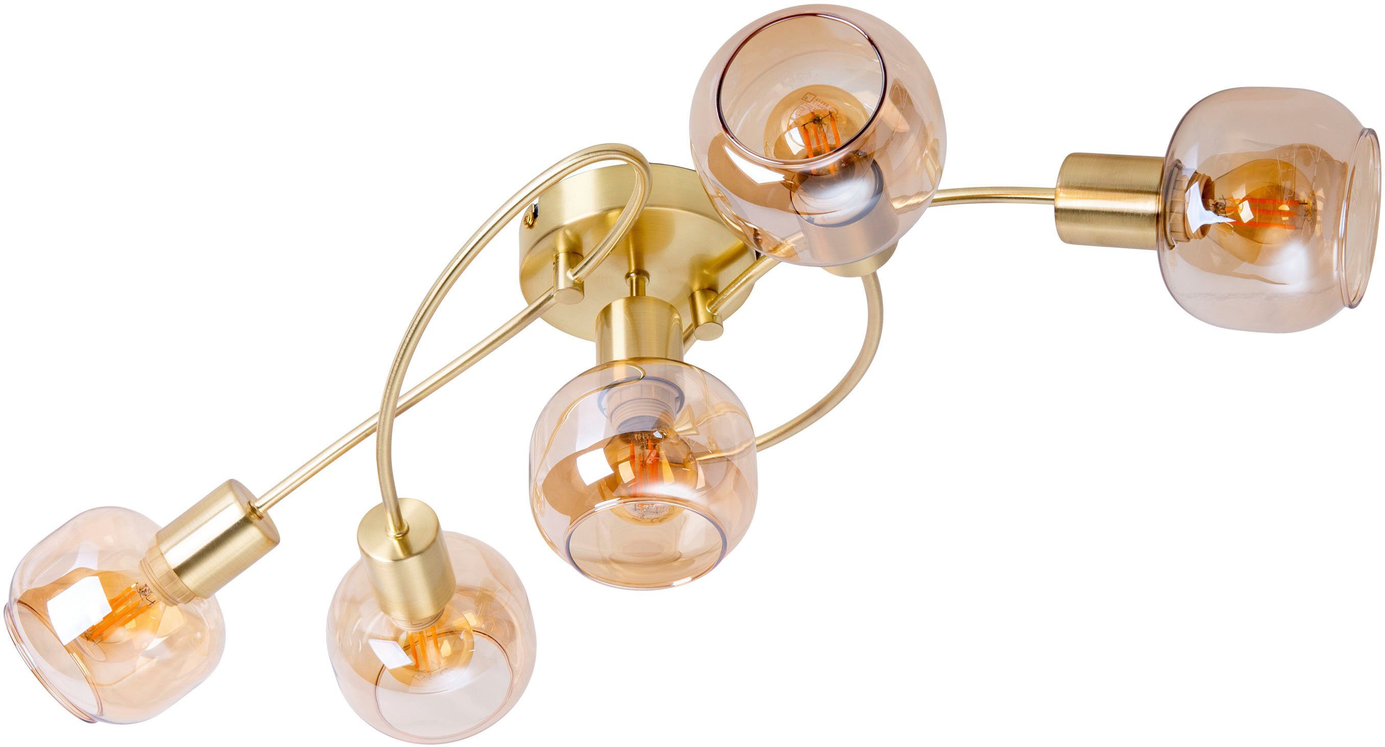 näve Deckenstrahler Libby, ohne Leuchtmittel, 5flg. flexibel verstellbare Glasschirme in amber getönt excl. 5xE14