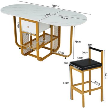 Flieks Essgruppe, (ausziehbar Tischplatte 45-160cm, mit 1 Schublade, Set, 7-tlg., 1 Tisch mit 6 Stühlen), klappbar Esstisch mit 6 Esszimmerstühlen Kunstleder Set Sitzgruppe