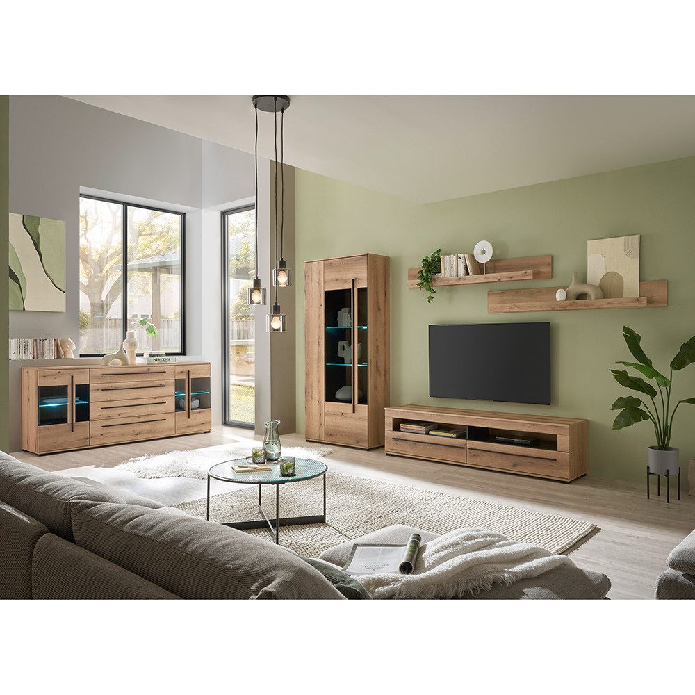 Lomadox Wohnzimmer-Set COLORADO-61, (Mega-Spar-Set, 5-St., Vitrine Sideboard Lowboard Wandregal), in Eiche mit LED Glasbodenbeleuchtung und Softclose Schubladen