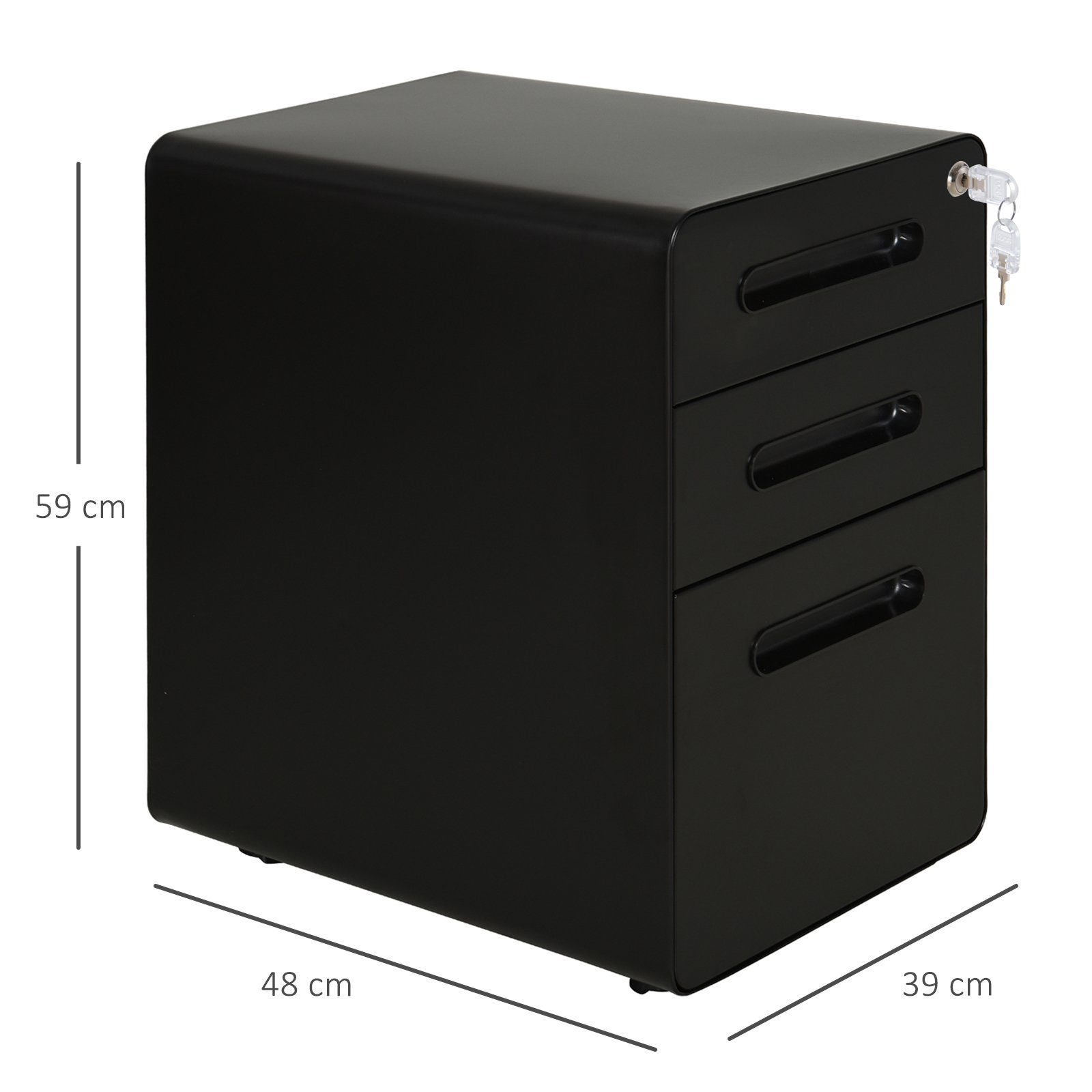 Vinsetto Rollcontainer Bürocontainer mit 3 Schubladen, (Büroschrank, 1 St., Aktenschrank), Stahl, Schwarz, 39 x 48 x 59 cm