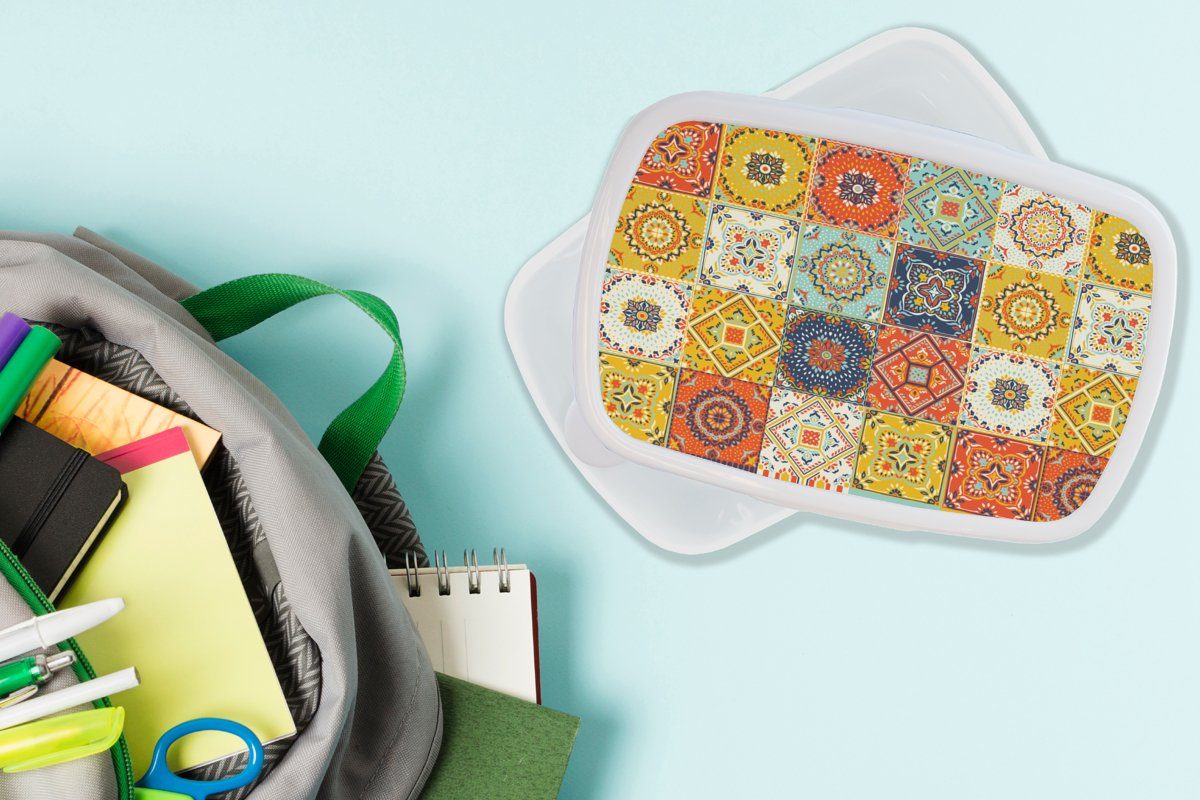 MuchoWow Lunchbox Orange, Muster und Mädchen Jungs - Weiß für Brotdose, Kinder Kunststoff, für - und Brotbox - Vintage (2-tlg), - Blumen Erwachsene