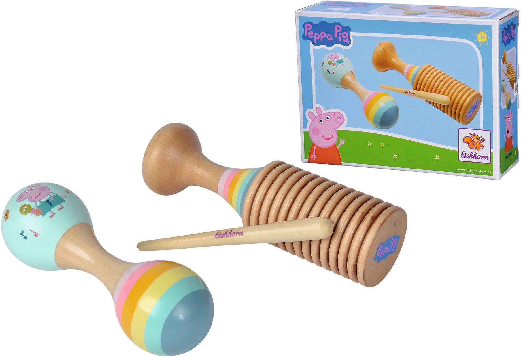 Set Pig Maraca Ratsche Eichhorn Holzspielzeug, Peppa und Spielzeug-Musikinstrument