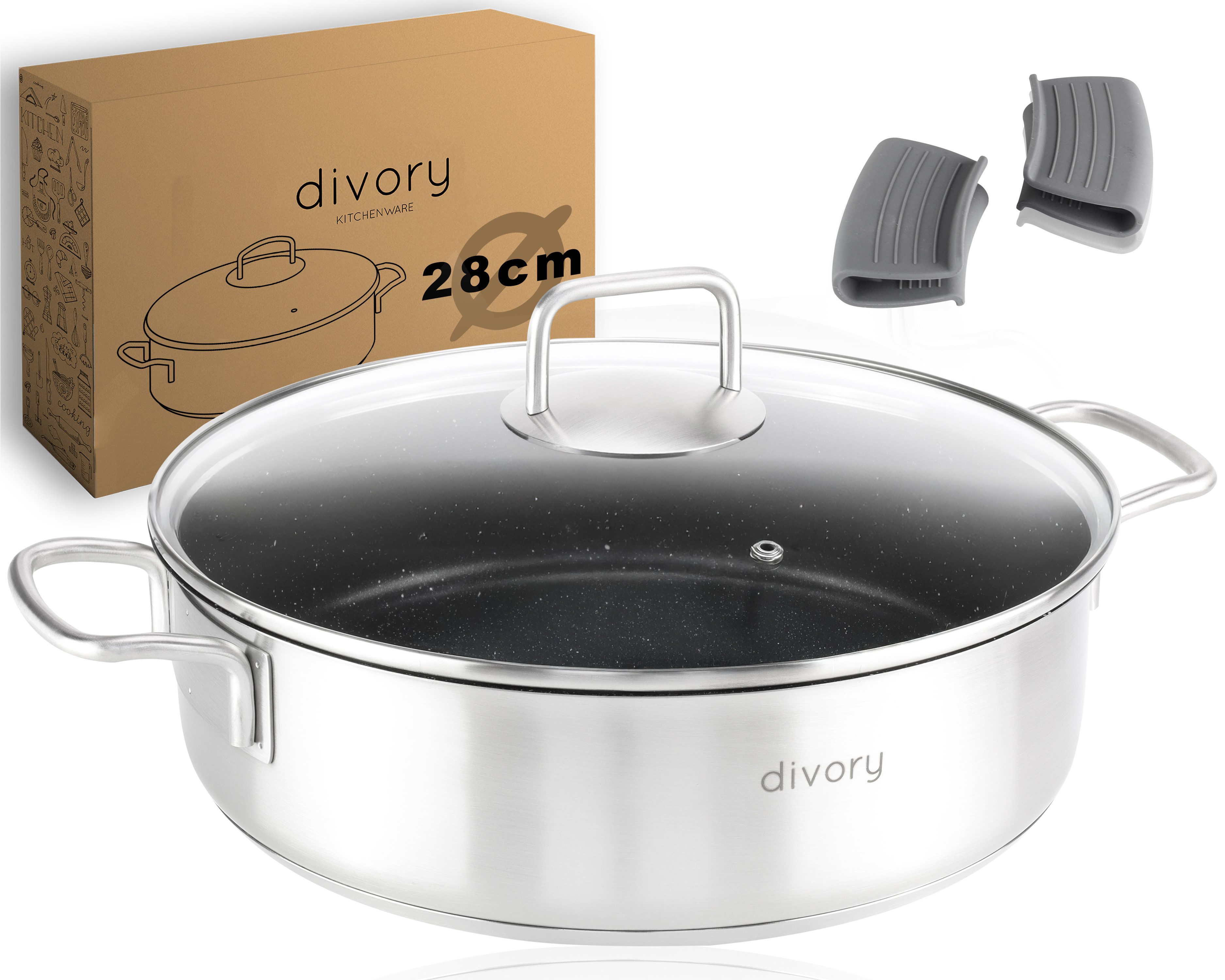 divory Schmorpfanne Edelstahlpfanne beschichtet, mit Deckel, Induktion (28 cm), Edelstahl, Induktion