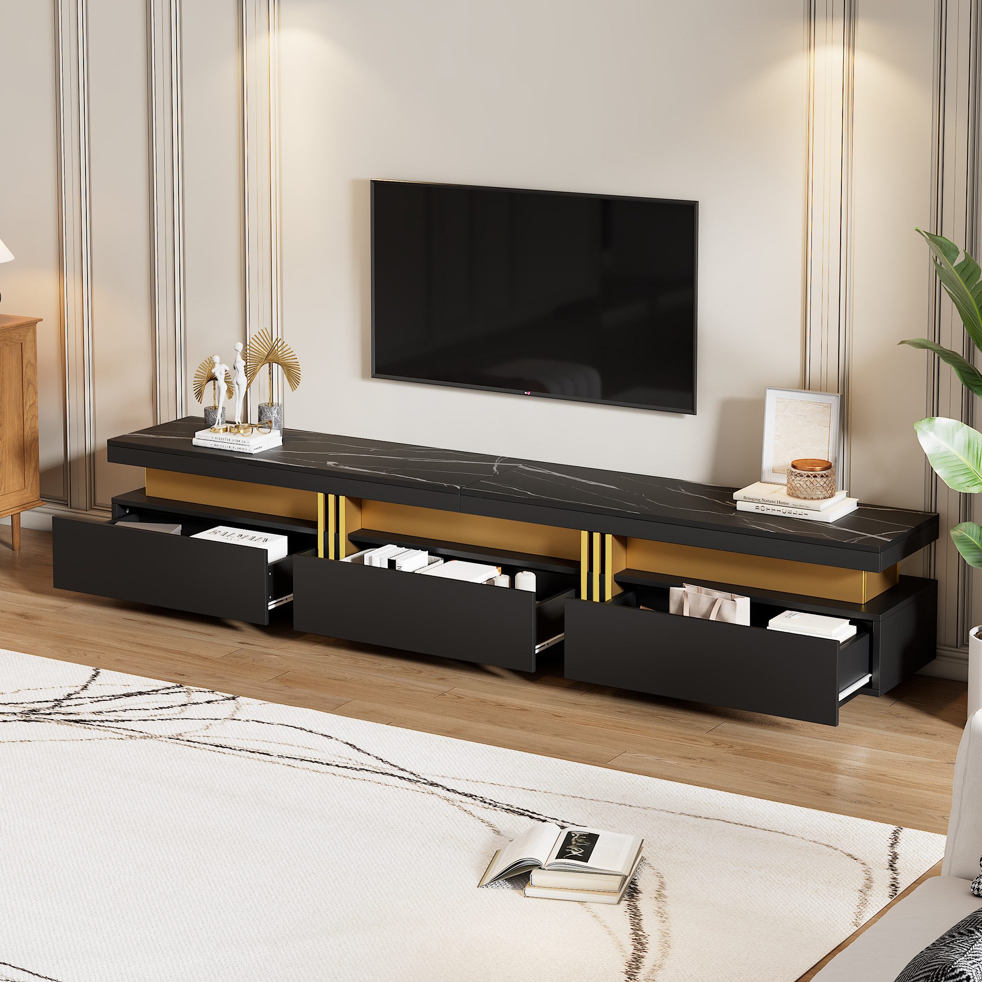 STILVORA Wohnzimmer-Set mit Lowboard&Couchtisch,Möbelset Wohnzimmerset aus Spanplatte,Schwarz, (Wohnwand, TV-Wandkombination, Wohnzimmer-Wandkombination, 2-St., 100*50*40 cm+200*40*42 cm), mit Marmormuster und goldene Dekoration