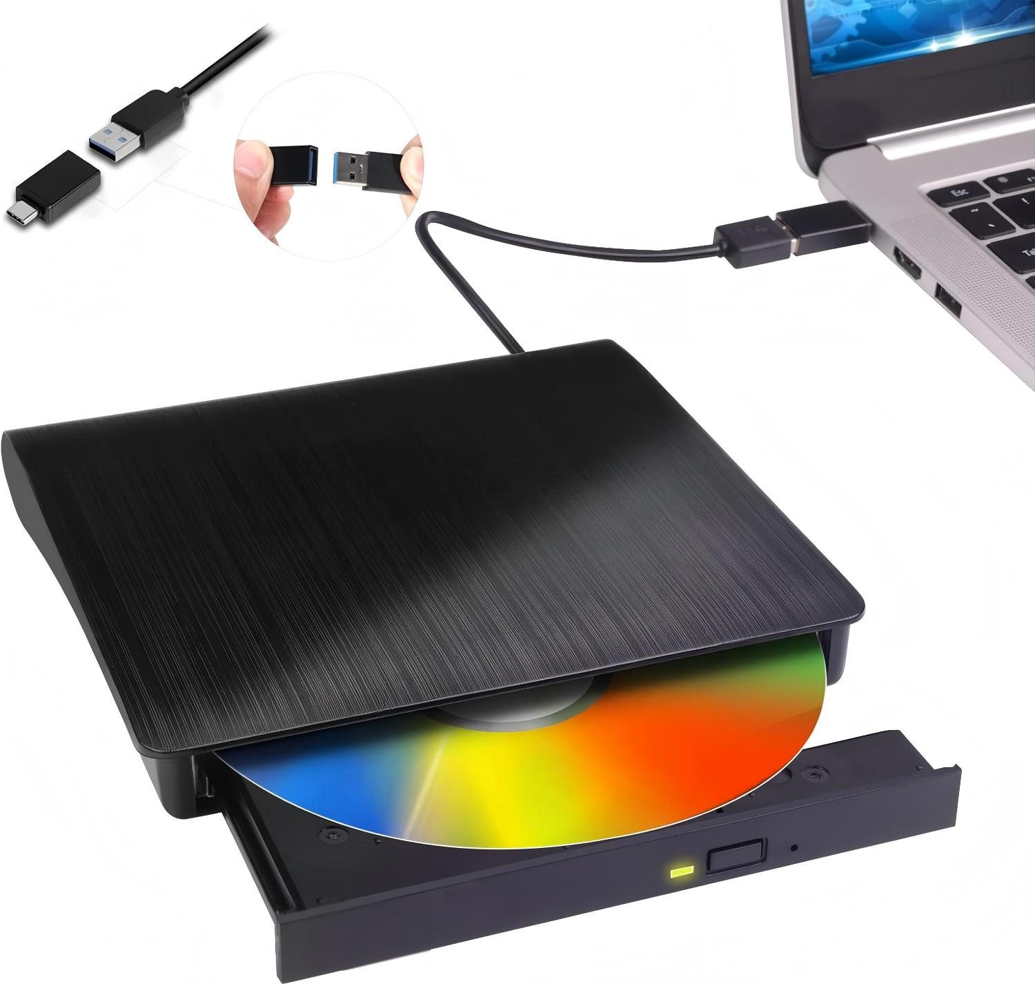 Toomoke Externes CD-Laufwerk, optisches Laufwerk für Computer, DVD-Brenner (USB-Laufwerk mit USB-C und USB 3.0 für Notebook, PC und Mac, USB-C & USB 3.0, Slim-Format, Plug & Play, CD/DVD lesen und brennen)