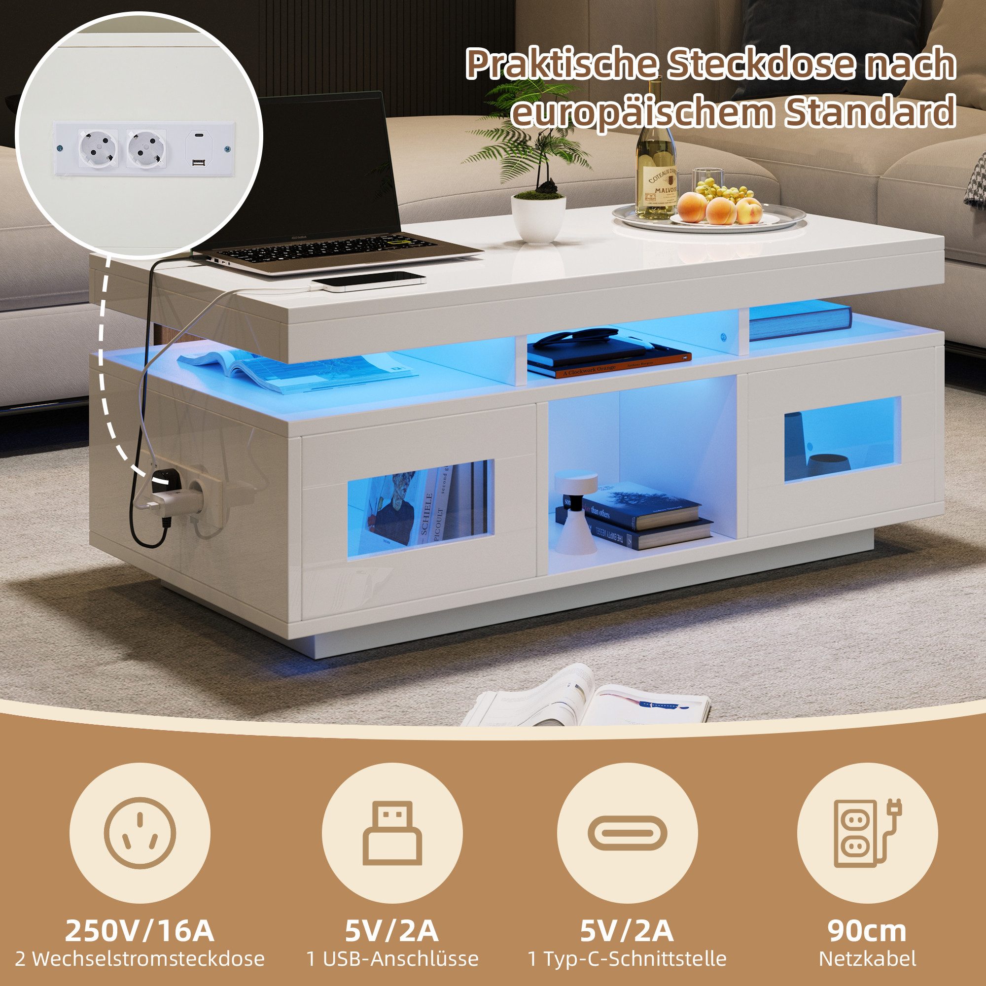 Merax Couchtisch hochglanz Sofatisch mit LED-Beleuchtung & USB-Ladeanschluss (1-St., 100×50×43cm), Beistelltisch Wohnzimmertisch mit 2 Türen und mehr Ablagefächern