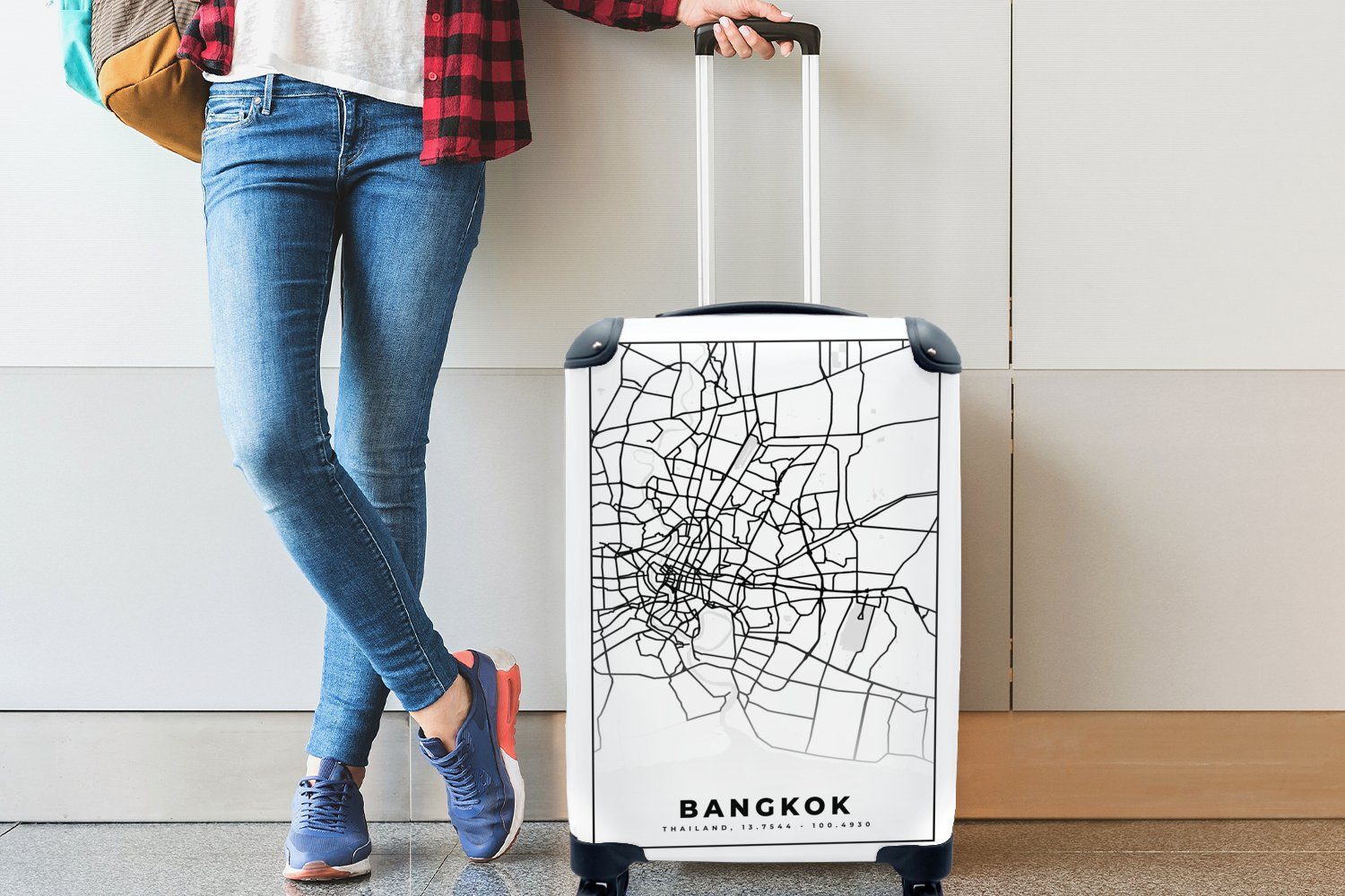 Reisekoffer Ferien, Handgepäckkoffer Reisetasche - weiß Schwarz Karte MuchoWow für Stadtplan, Rollen, 4 Handgepäck mit - Bangkok - Trolley, rollen, und