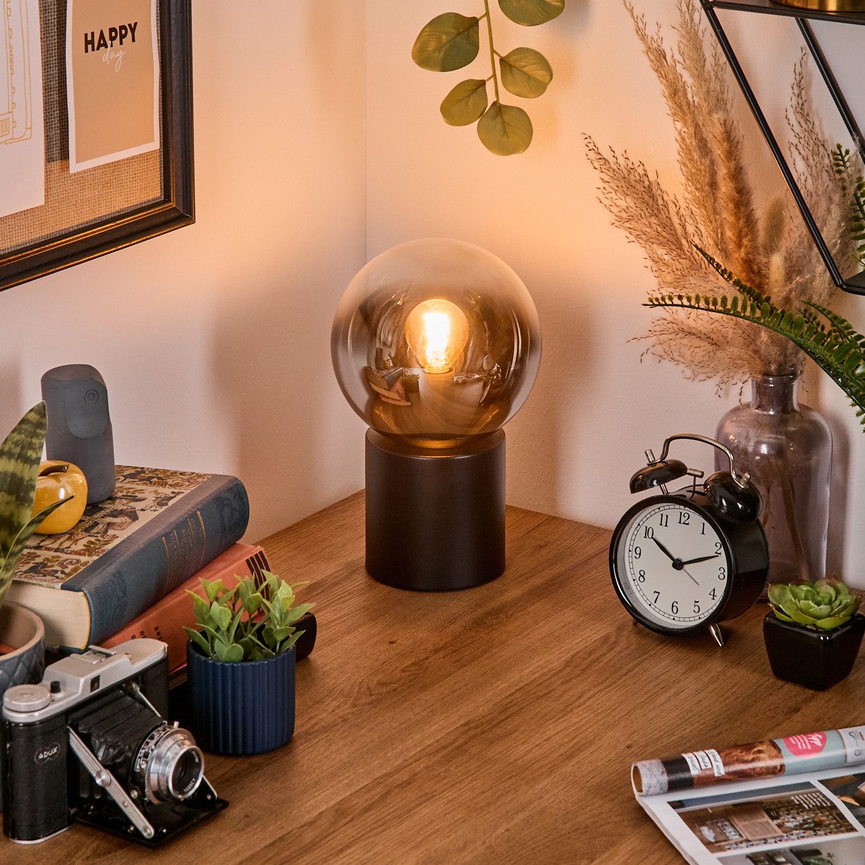 hofstein Tischleuchte Tischlampe aus Metall/Glas in Schwarz/Chrom-/Rauchfarben/Klar, ohne Leuchtmittel, Leuchte im Retro/Vintage-Design mit Glasschirm (15 cm), 1 x E14