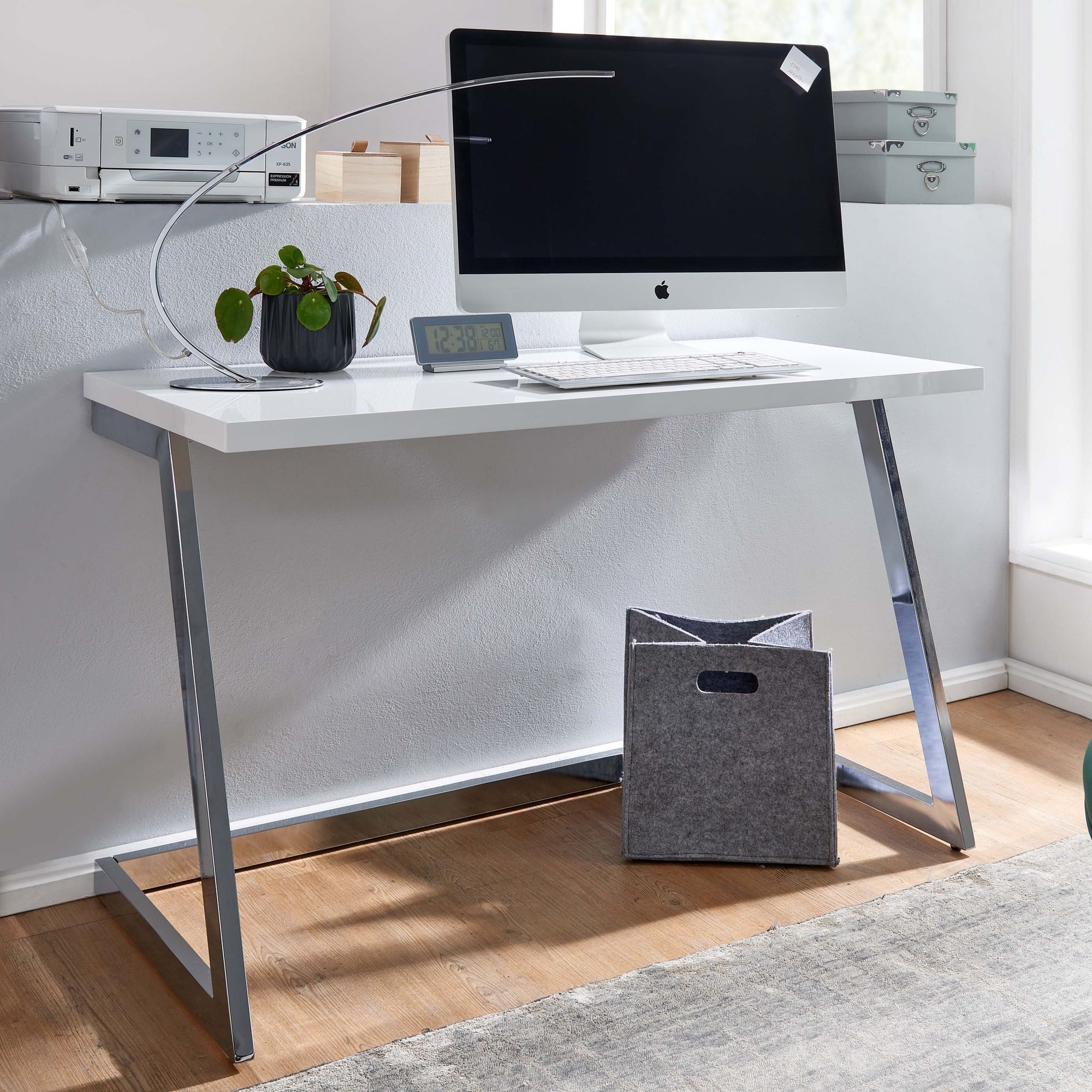 Wohnling Schreibtisch WL6.575 Hochglanz Weiß 120 cm Computertisch Tisch Büro Metall (120x55x76 cm Hochglanz Weiß / Silber Modern), Bürotisch Home-Office, Computertisch Metallbeine