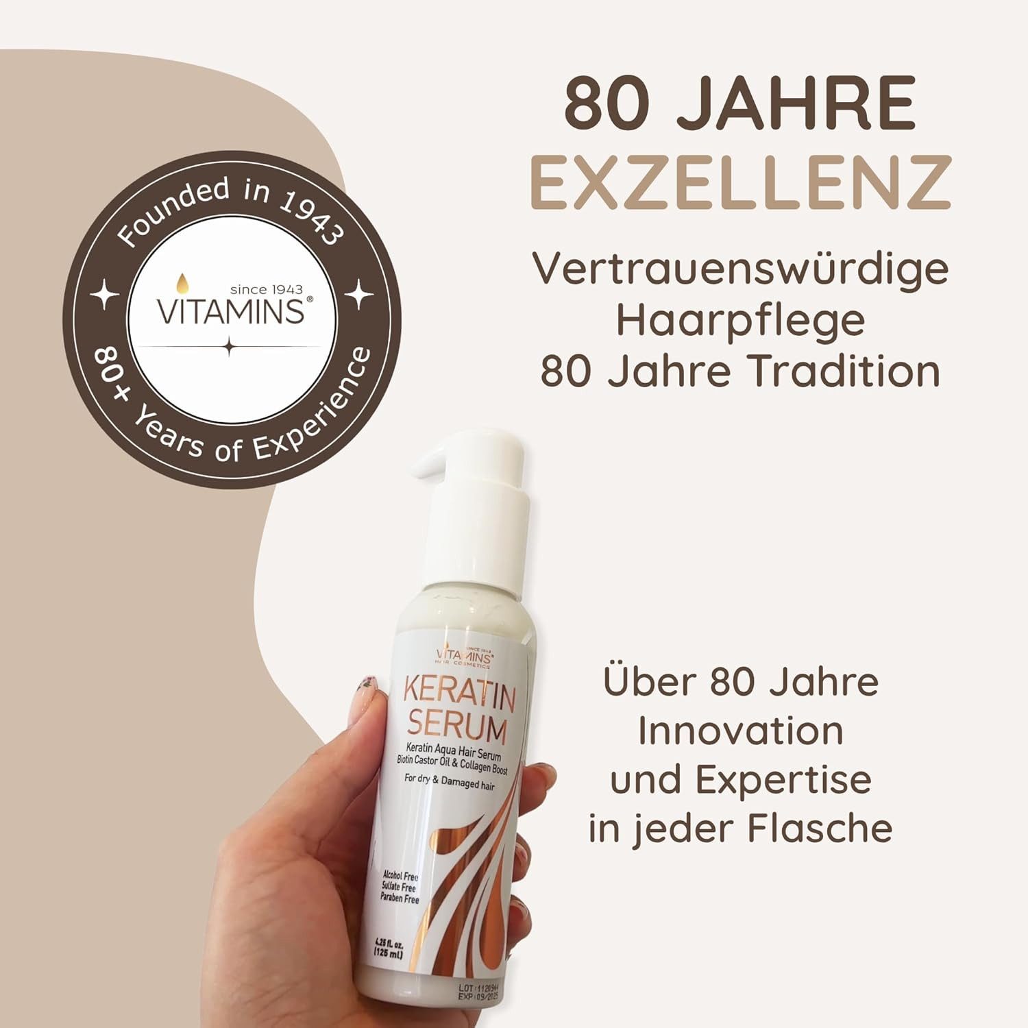 VITAMINS hair cosmetics Haarserum Keratin – Biotin, Kollagen & Castor Oil, Intensive Reparaturpflege, Für trockenes, geschädigtes & strapaziertes Haar, Anti-Frizz & Hitzeschutz