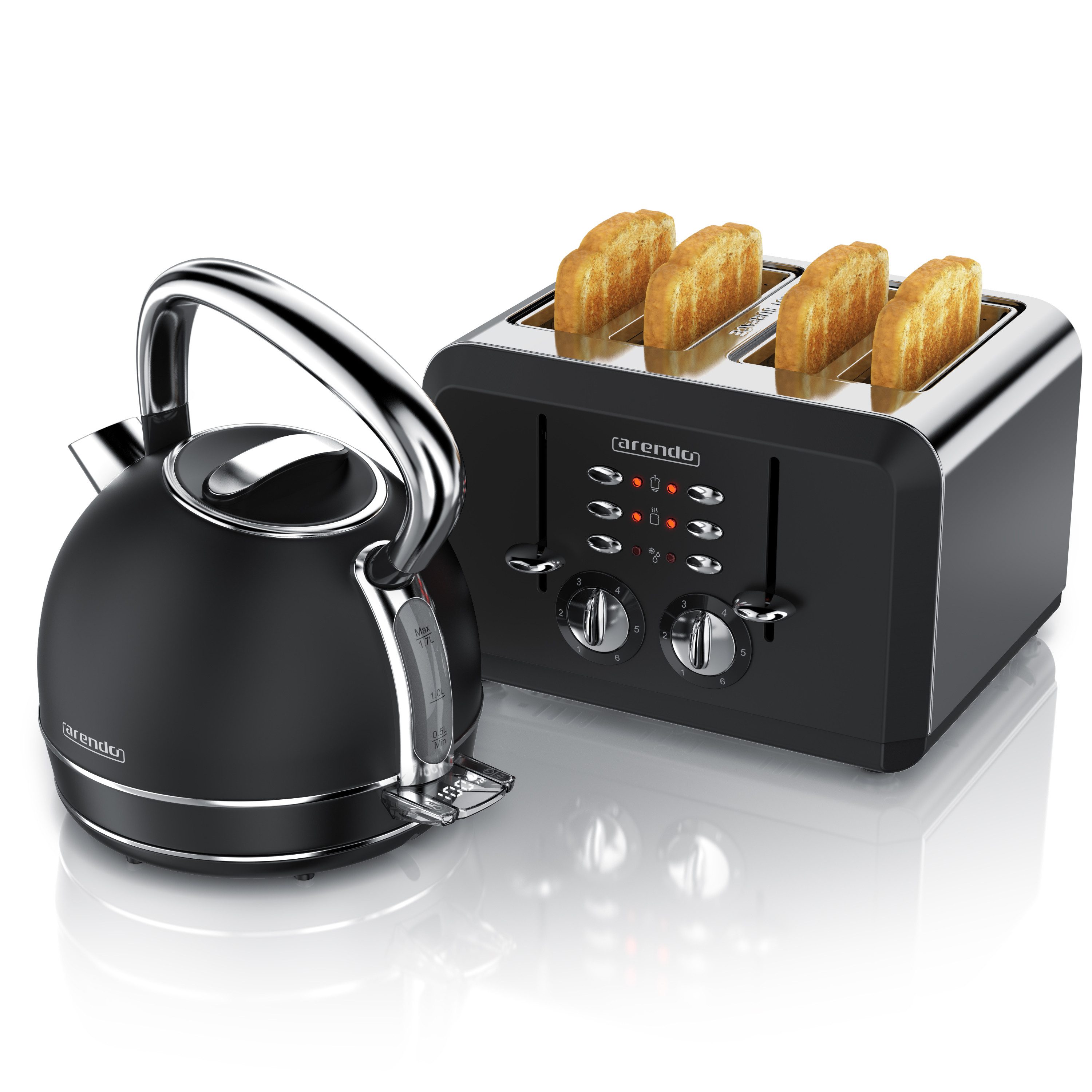 Arendo Frühstücks-Set Edelstahl Wasserkocher 1,7l, 4-Scheiben Kurzschlitz Toaster, schwarz (2-tlg), Retro Wasserkocher mit Temperatureinstellung, Vintage Toaster
