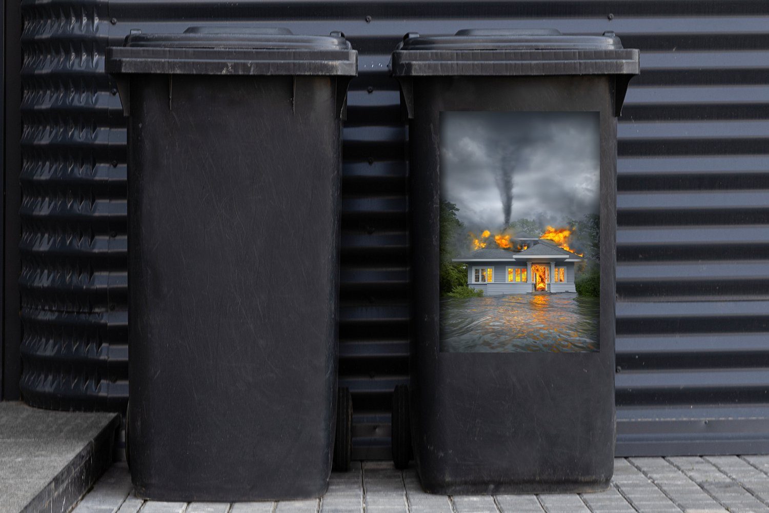 Mülltonne, (1 und Ein St), ein Abfalbehälter Tornado steht MuchoWow Sticker, Wandsticker Container, in Haus Mülleimer-aufkleber, Flammen