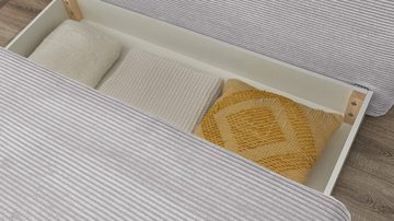Massivart® Schlafsofa TED Cord grau 153 cm mit Bettfunktion / Gästebett, Bettkasten, Wellenunterfederung, Rückenkissen
