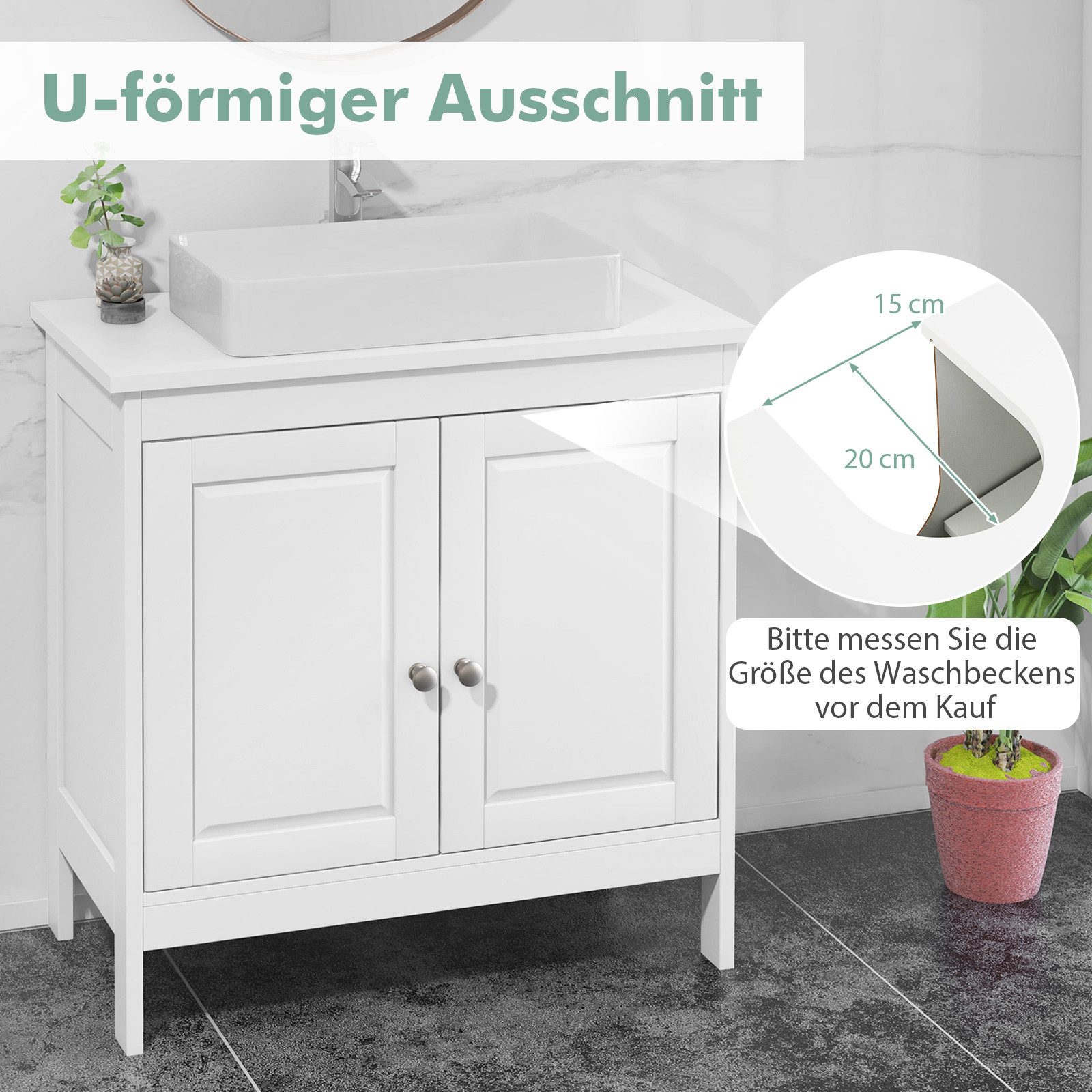 COSTWAY Waschbeckenunterschrank Badezimmerschrank mit verstellbaren Regal, Weiß, 60x30x62cm