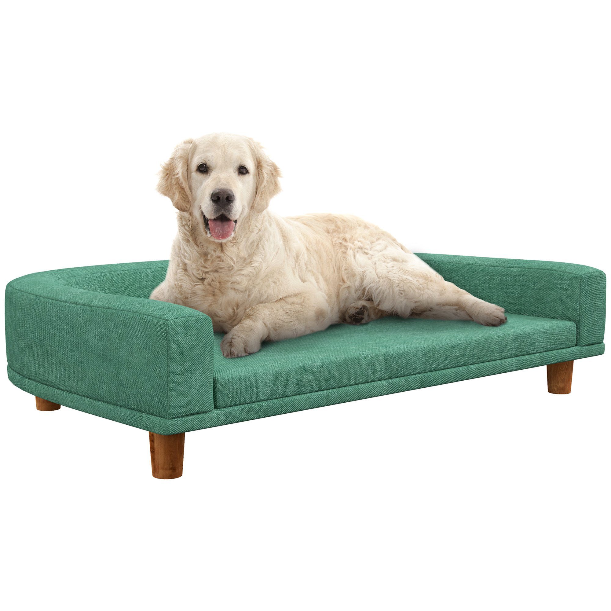 PawHut Tierbett Hundesofa, Haustiersofa Katzensofa mit Kissen, Polyester, Hundesessel mit Holzbeine, Grün, 98 x 67 x 25 cm