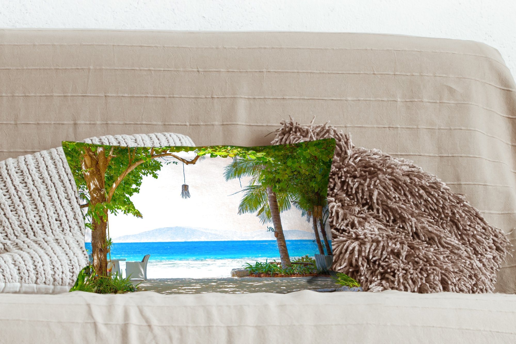 Dekokissen MuchoWow Tropisch Schlafzimmer - Strand mit Dekokissen Wohzimmer Füllung, Meer, - Dekoration, Zierkissen,