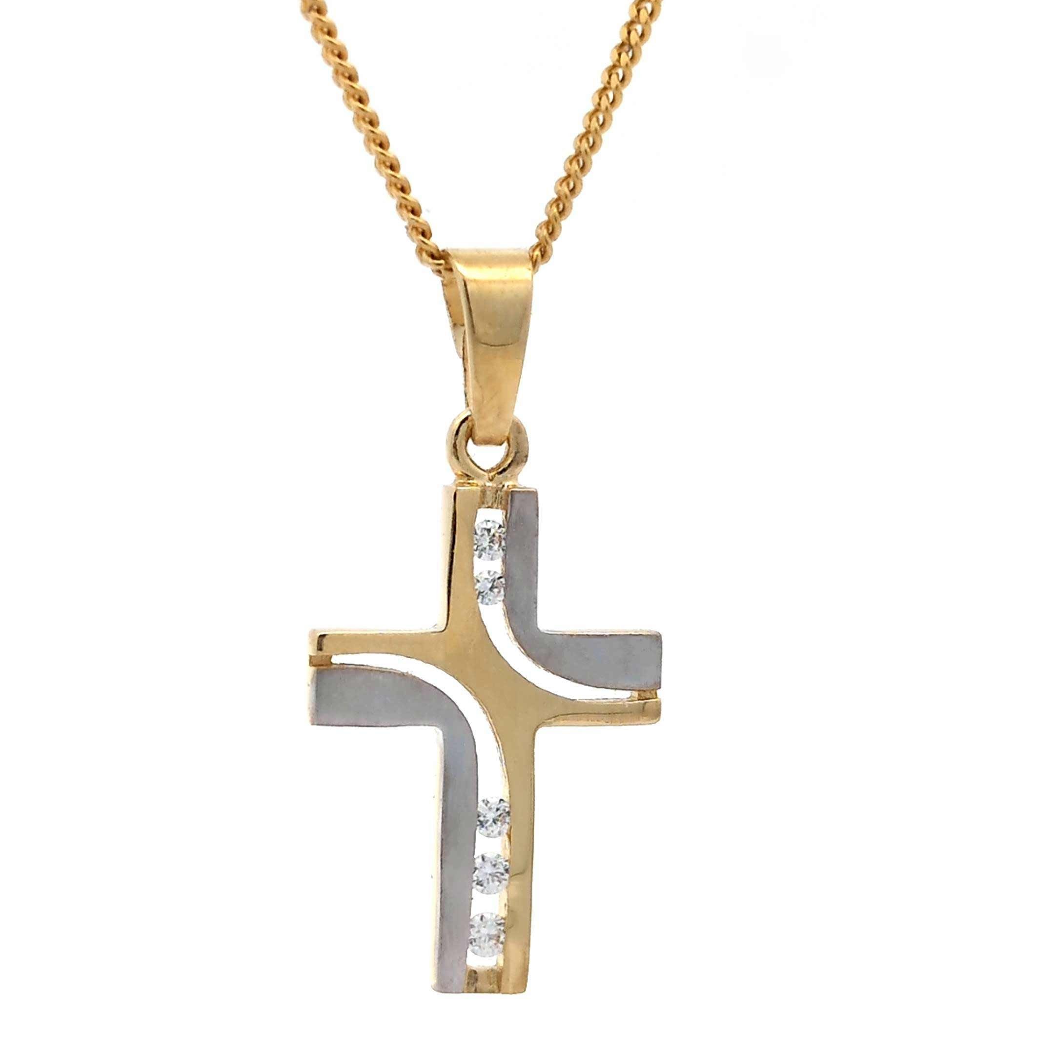 Kreuzanhänger Gold Anhänger Kreuz Zirkonia mit Goldkette 585-14 Karat Gold 36 cm