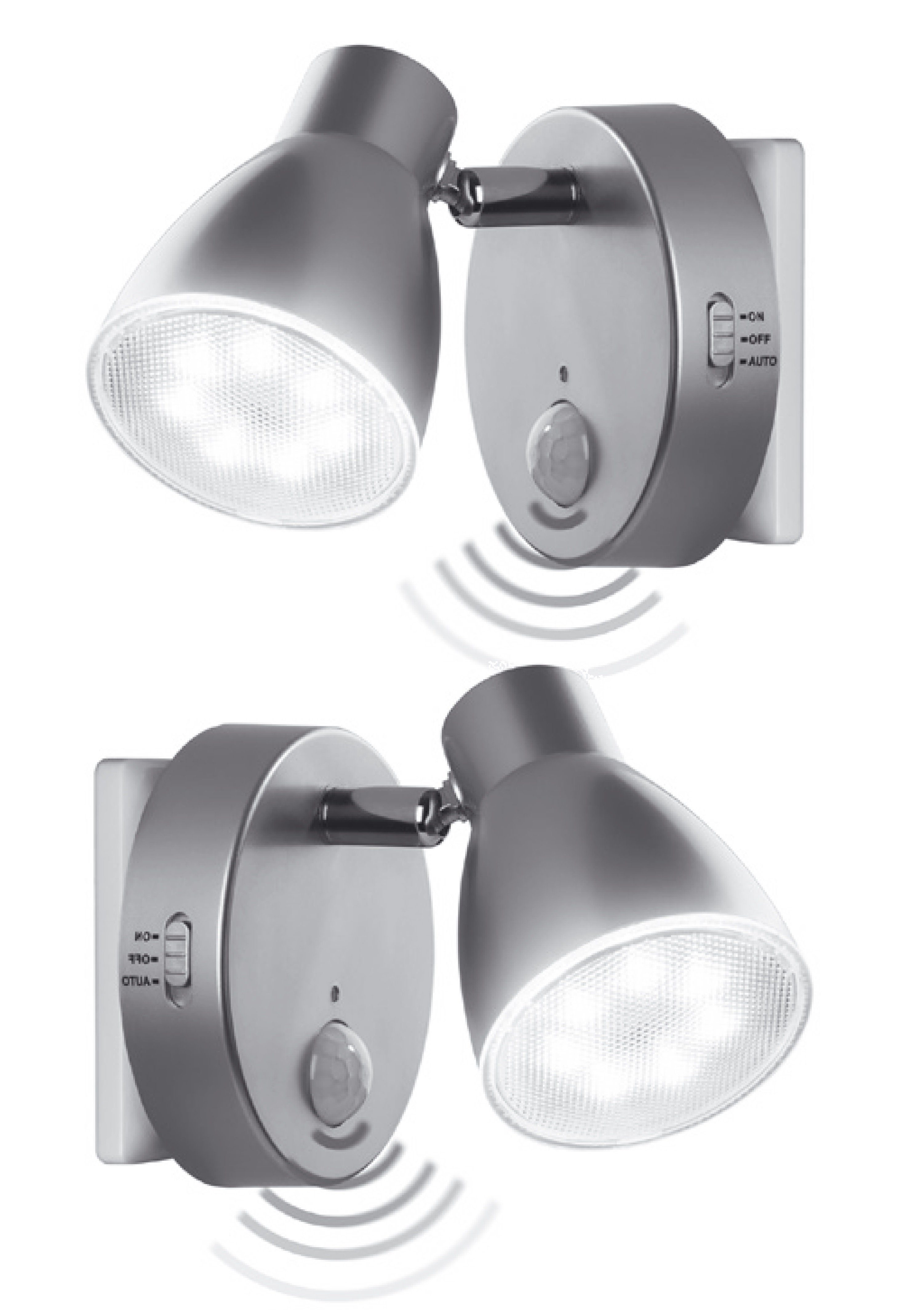 LED & Sicherheitslicht Sensor Set Steckdosenlicht Nachtlampe, 2635-024 mit LED Automatikfunktion Bewegungssensor in 230V Orientierungslicht, TRANGO Wandlampe, Steckdosenleuchte, 2er *MILO* Nachtlicht Steckdosenlampe, Silber