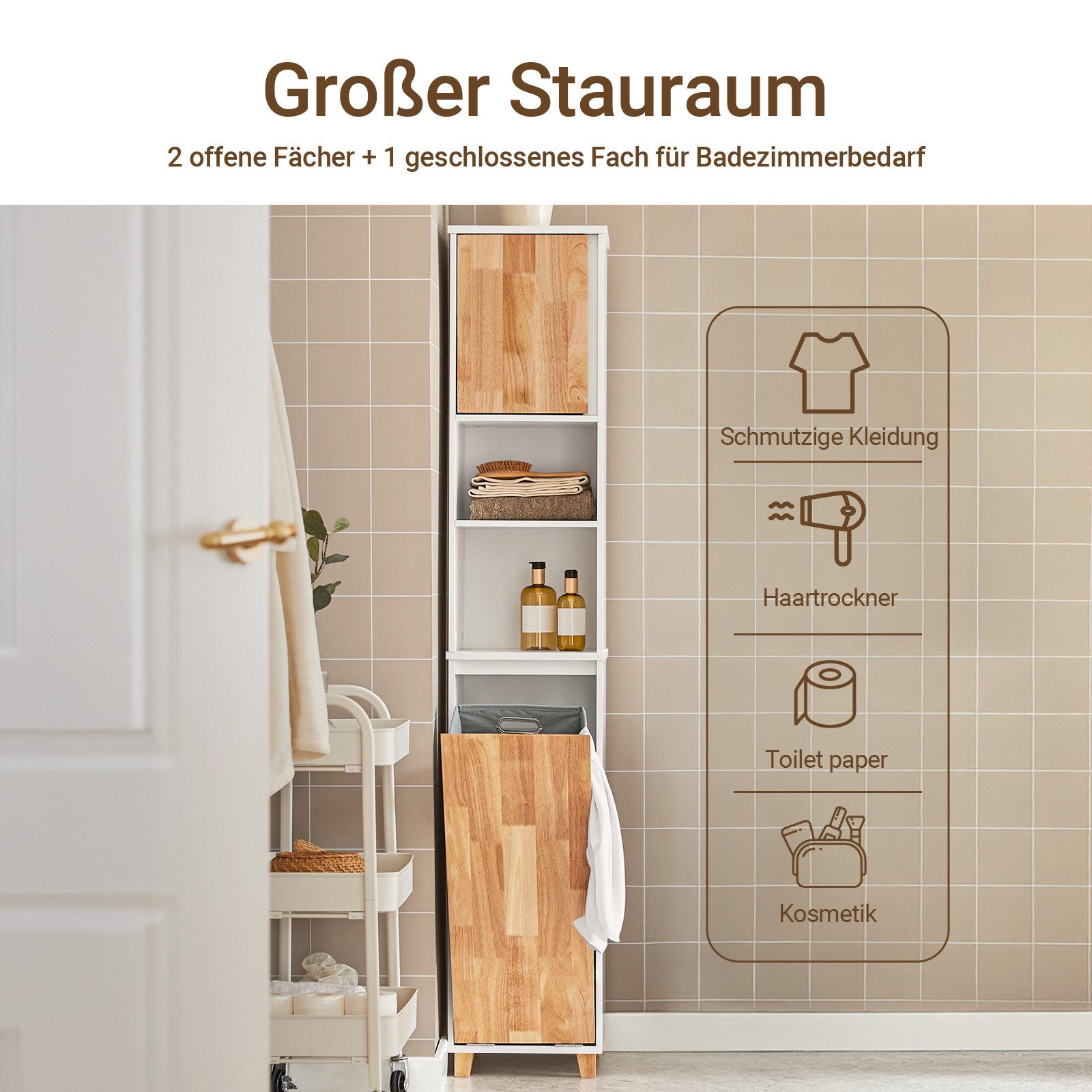 SoBuy Hochschrank BZR74, Badkommode Badezimmerschrank Badezimmermöbel Beistellschrank mit ausklappbarem Wäschesack Badschrank Badregal Wäscheschrank