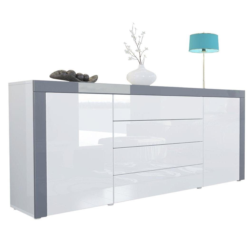Vladon Sideboard La Paz V1 (Kommode, mit 2 Türen und 4 Выдвижные ящики), Weiß Hochglanz / Grau Hochglanz (167 x 72 x 35)