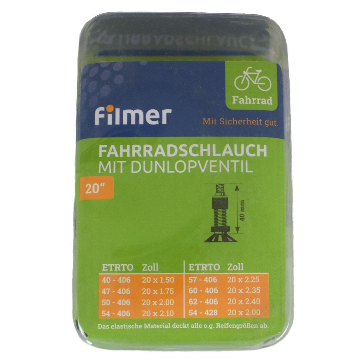 Filmer Fahrradschlauch Fahrradschlauch mit Dunlopventil in verschiedenen Größen, 20 Zoll, mit Dunlopventil, formgeheizt