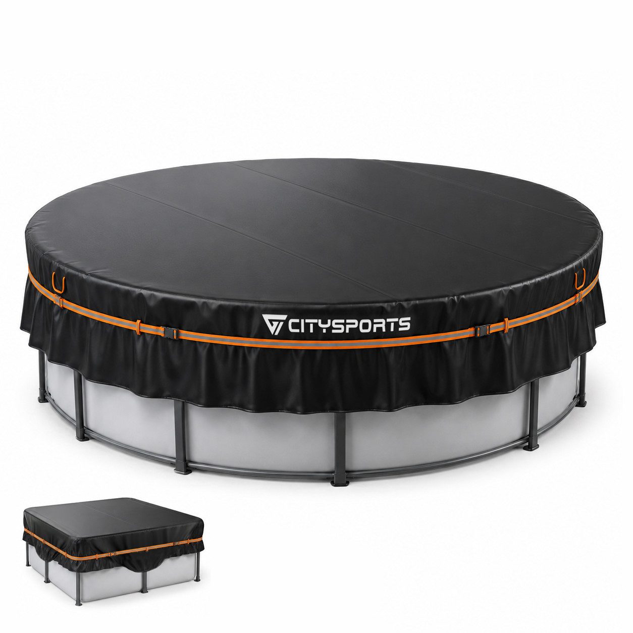 CITYSPORTS Pool-Abdeckplane Poolabdeckung Ø370 cm für 12 ft Rundpool & eckige Aufstellpools, 420D Oxford, PU-beschichtet, UV50+, 40 cm Seitenschürze, Reflexgurt