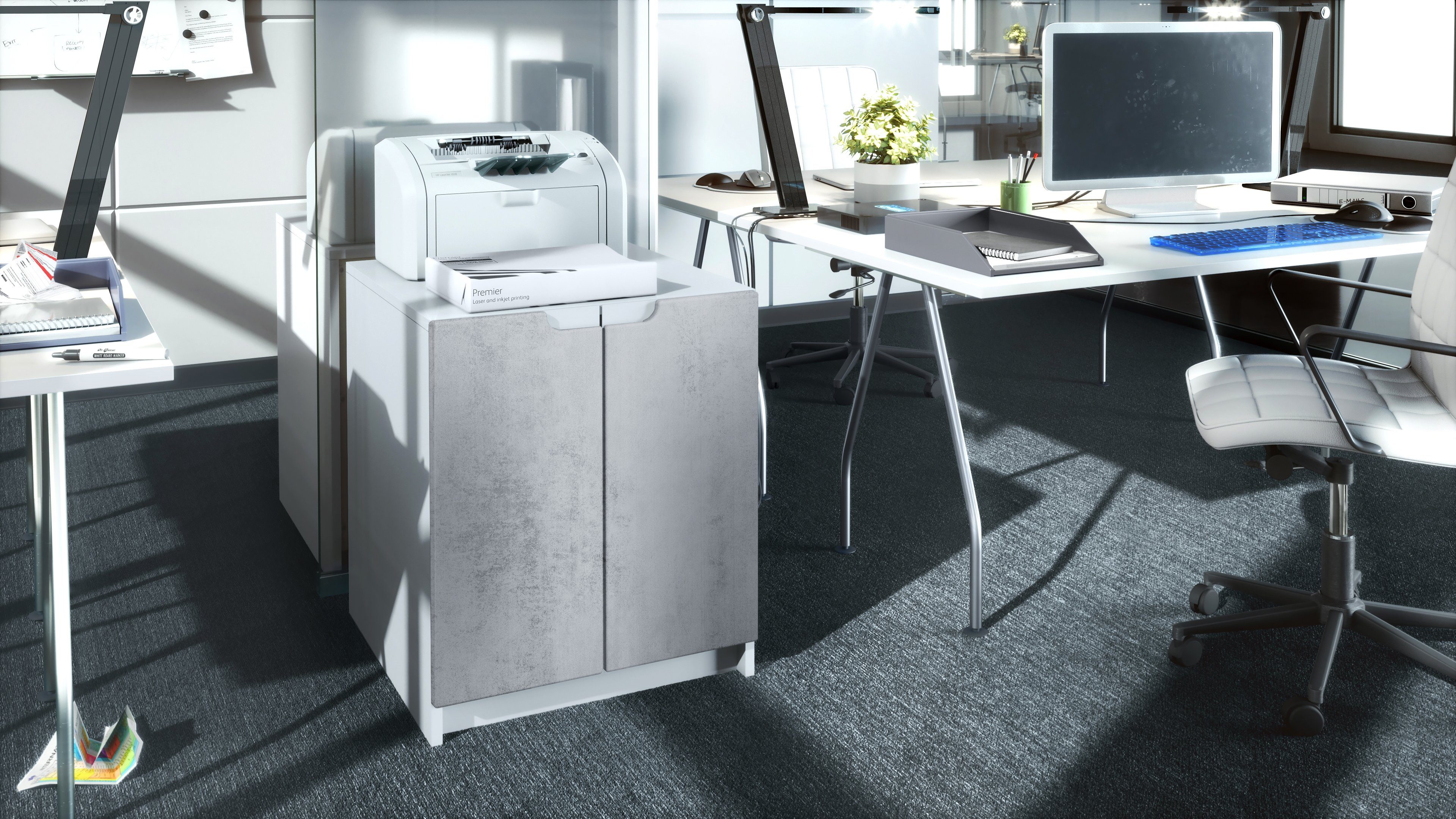 Vladon Kommode Logan (Aktenschrank, mit 2 Fächern und 2 Türen), Druckerschrank Weiß matt/Beton Oxid Optik (51 x 60,5 x 54 cm)