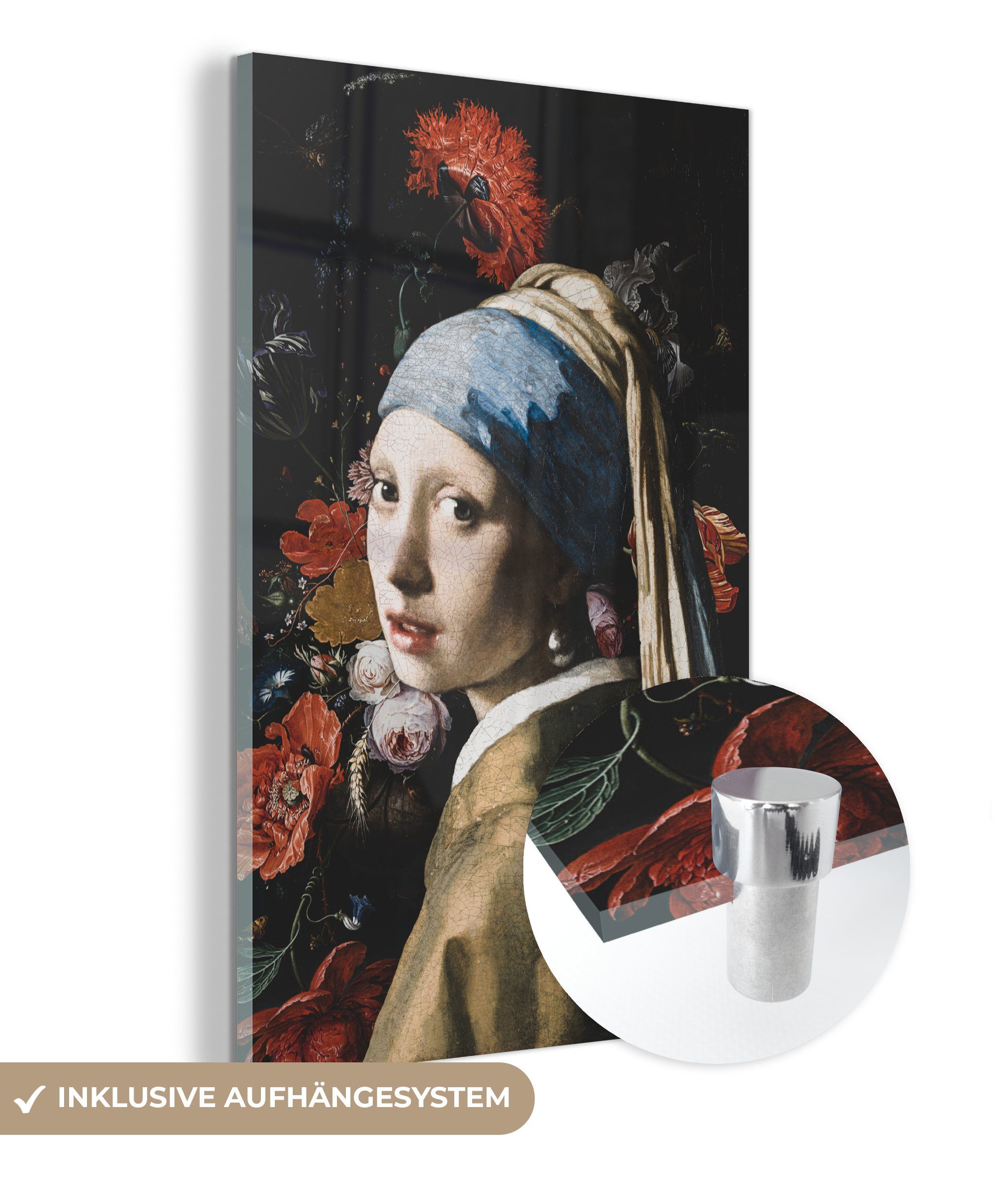 MuchoWow Acrylglasbild Mädchen mit Perlenohrring - Johannes Vermeer - Blumen - Rot, (1 St), Glasbilder - Bilder auf Glas Wandbild - Foto auf Glas - Wanddekoration bunt