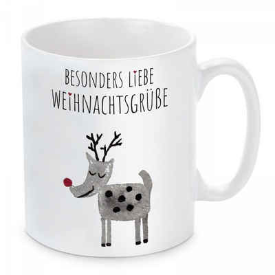 Herzbotschaft Tasse Kaffeebecher mit Motiv Besonders liebe Weihnachtsgrüße, Keramik, Kaffeetasse spülmaschinenfest und mikrowellengeeignet