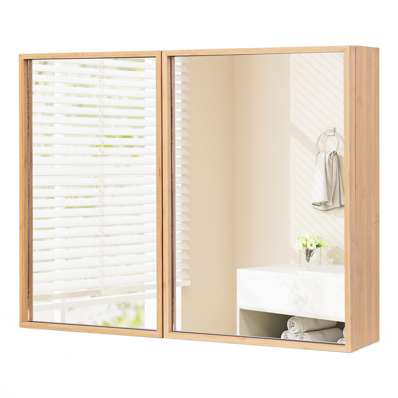 COSTWAY Spiegelschrank Bambus, mit 2 Türen, 2 verstellbaren Regalen, 65cm