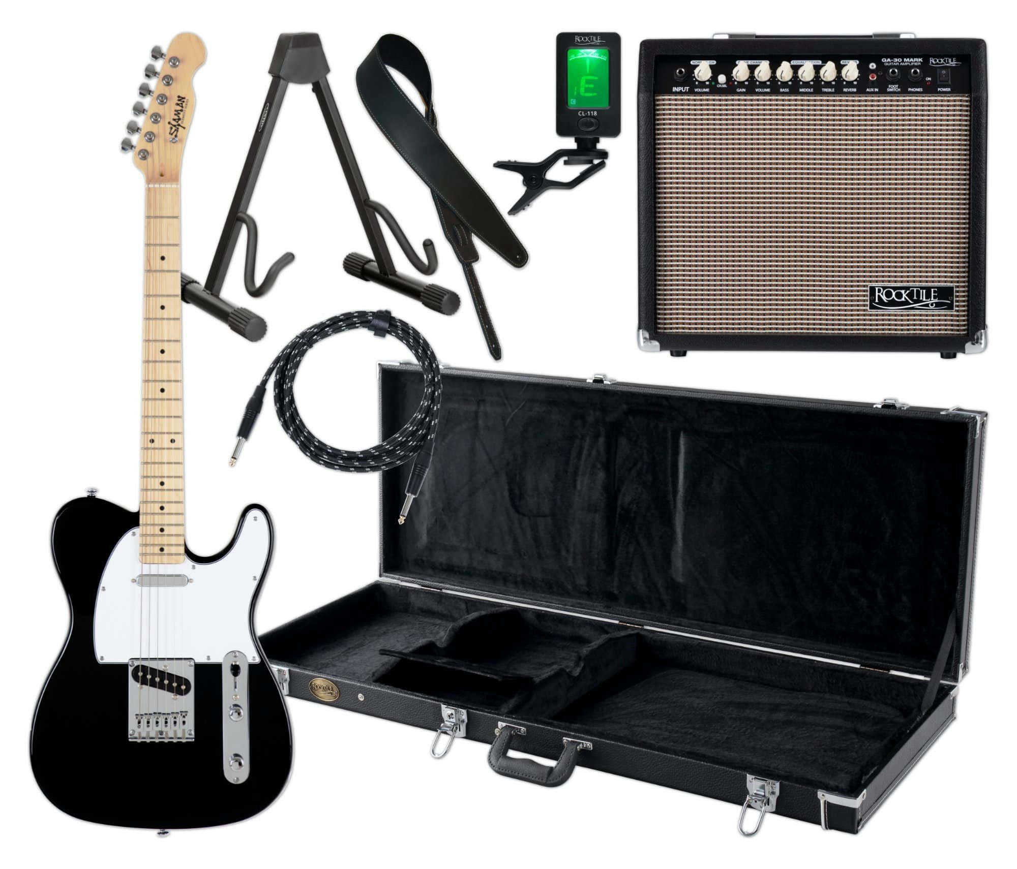 Shaman E-Gitarre TCX-100 - TL-Bauweise - geölter Hals aus Ahorn - Ahorn-Griffbrett, Komplett Set inkl. Verstärker, Koffer, Ledergurt