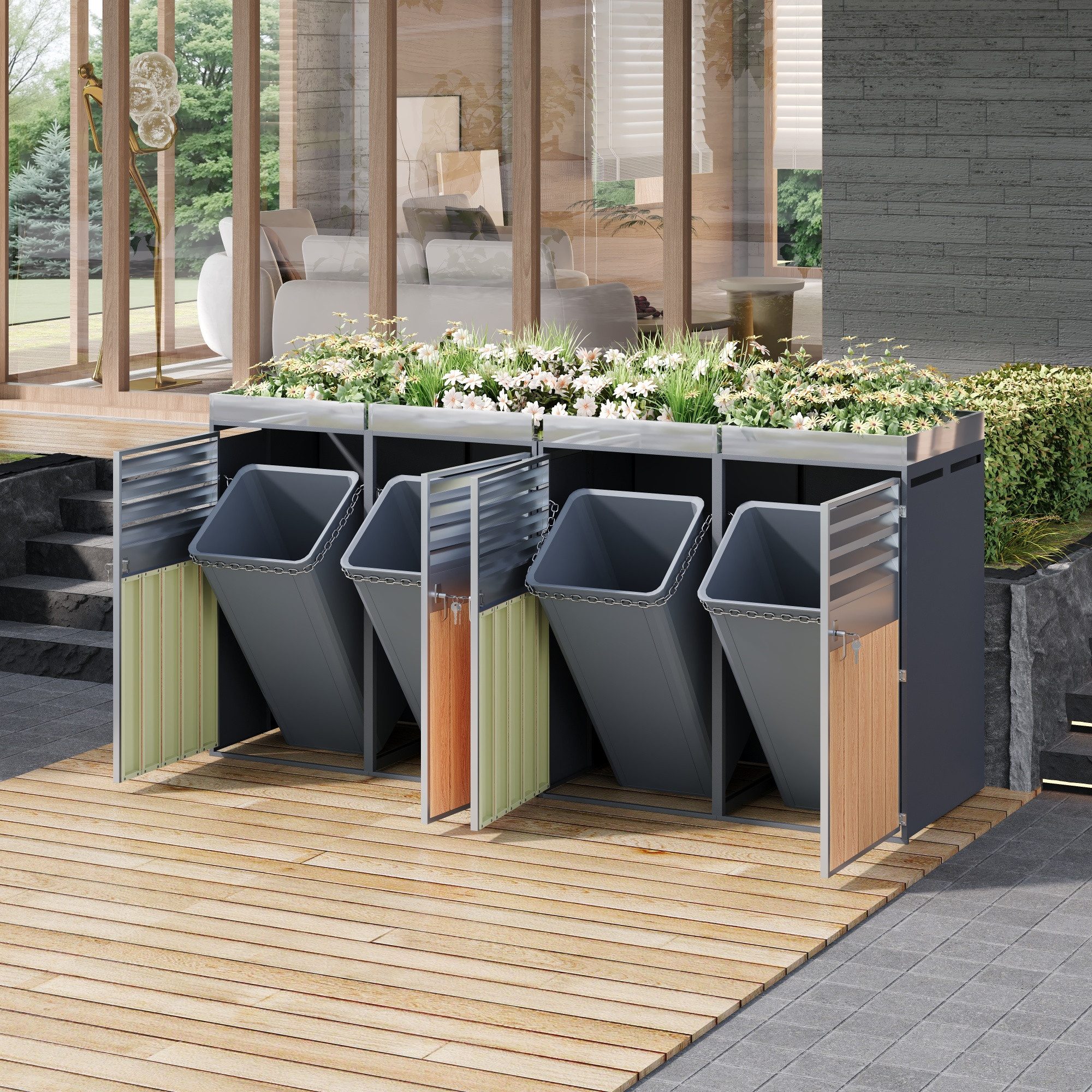 STILVORA Mülleimer mit Lamellen Mülltonnenbox mit trash storage compartments Pflanzfläche, integriertem Blumentrog und Mülltonnenschrank