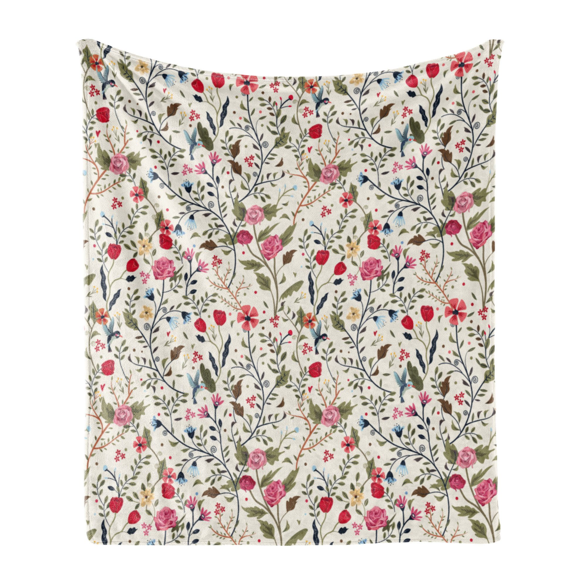 Wohndecke Gemütlicher Plüsch für den Innen- und Außenbereich, Abakuhaus, Blumen Vögel Rosen-Tupfen