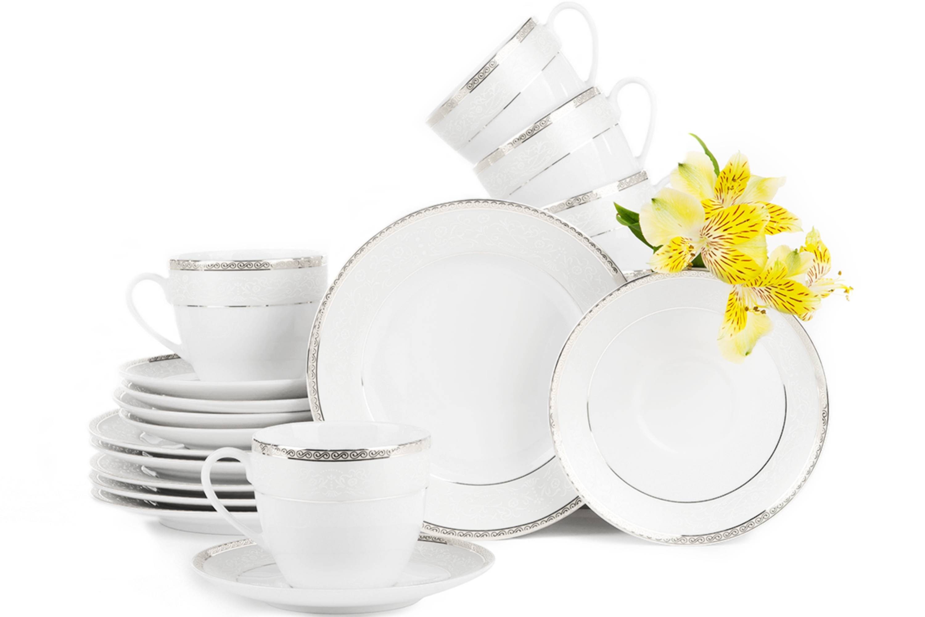 KONSIMO® Кофейный сервиз AGAWA Tasse Untertasse Dessertteller Чайный сервиз (18-tlg), 6 Personen, Porzellan, Elegant-Stil, rund