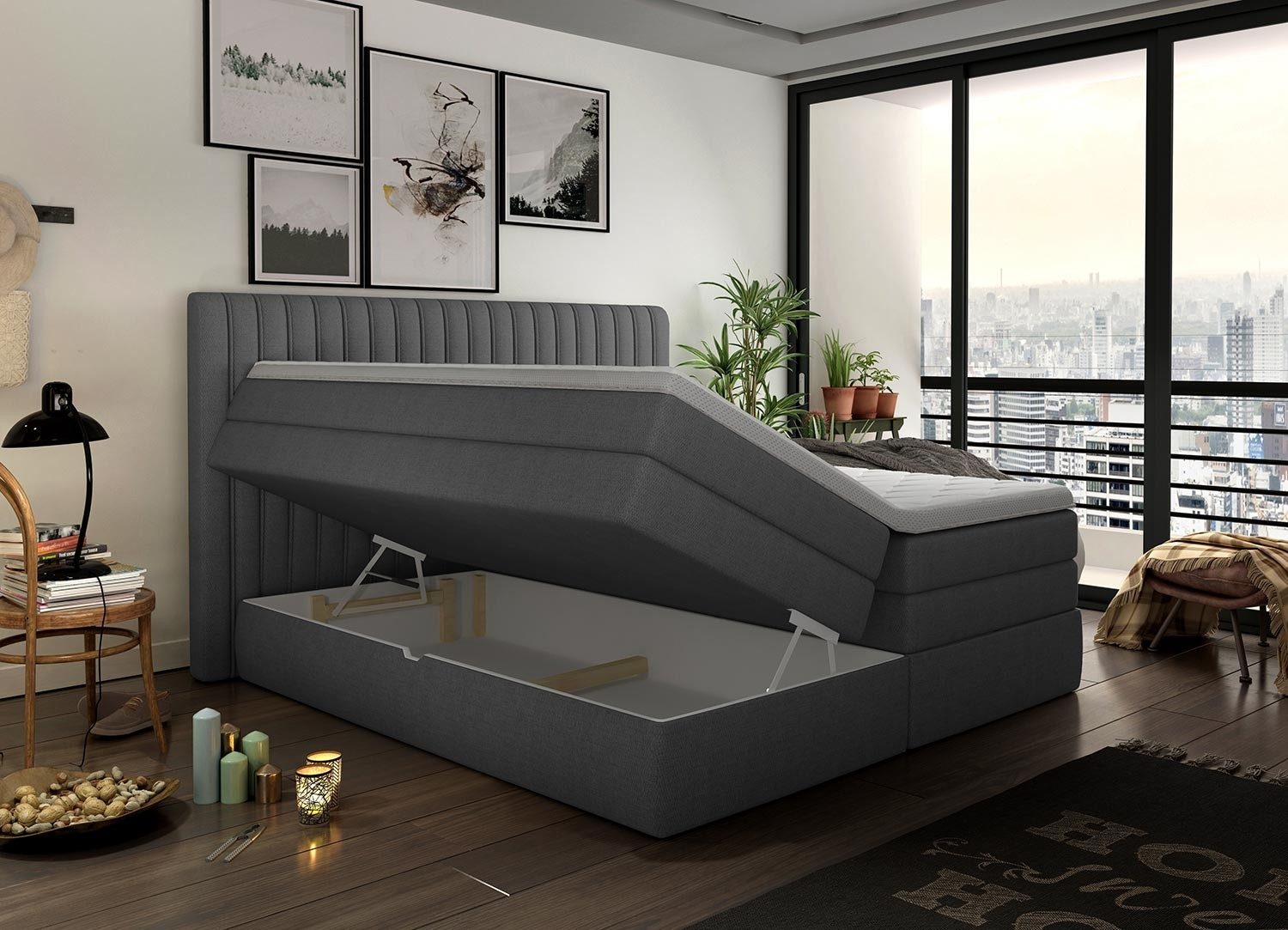 LIV'IN Boxspringbett ARONA, 180 x 200 cm, Dunkelgrau, Webstoff, mit 2 Bettkästen