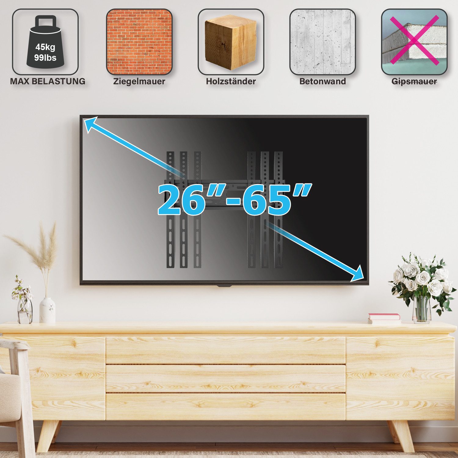 muchen TV-Wandhalterung TV Wandhalterung Fernseher 65" 58" 55" 50" 43" 40"32" Wandhalter, (bis 65,00 Zoll, Fernsehhalterung, Für TCL LG SAMSUNG TOSHIBA PHILIPS HISENSE Fernseher, Für Fernseher 65 58 55 50 43 40 32 Zoll)