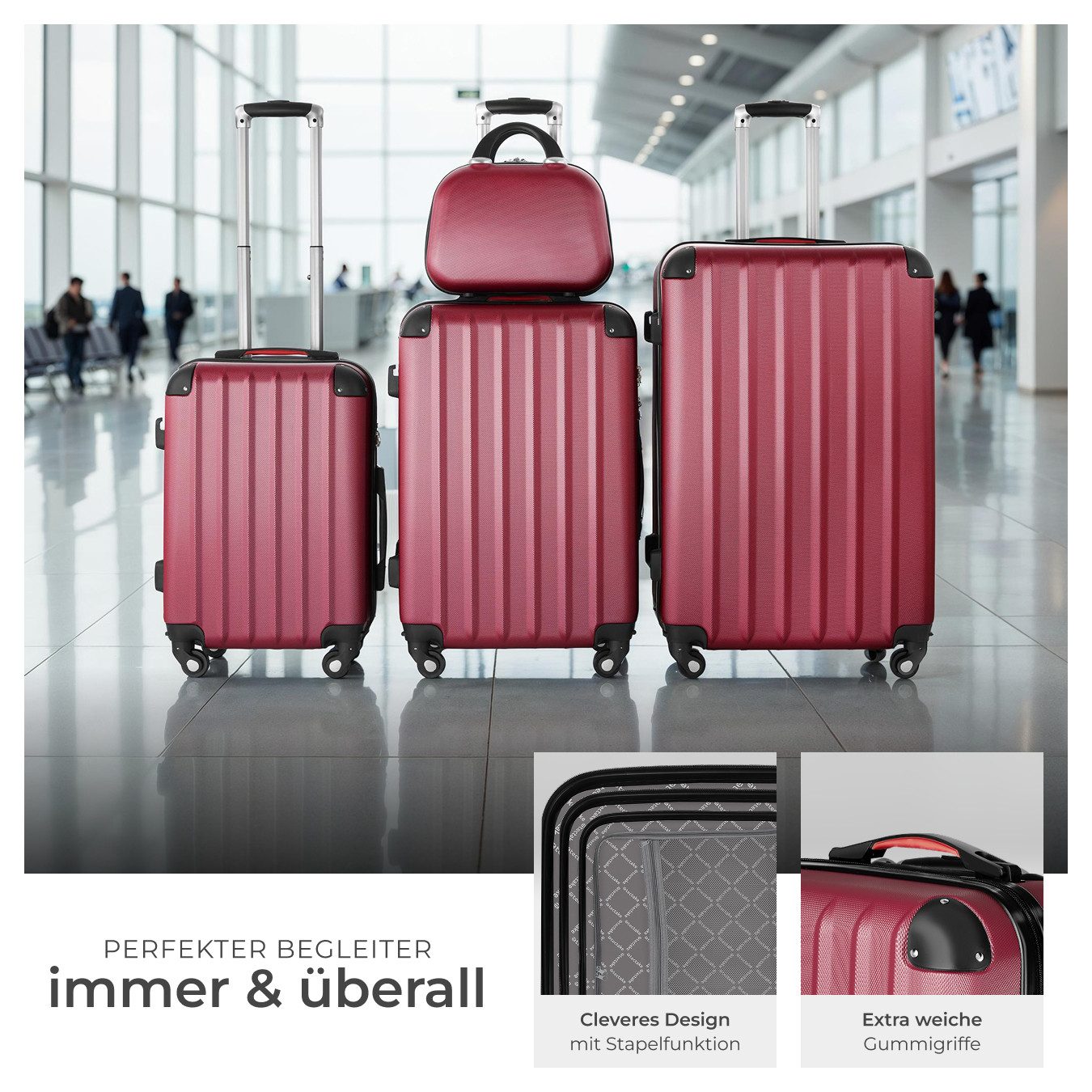 tectake Trolley Hartschalenkoffer-Set, 4 Rollen, 4-teilig, 3 Trolleys und Beauty-Case aus robustem ABS-Kunststoff