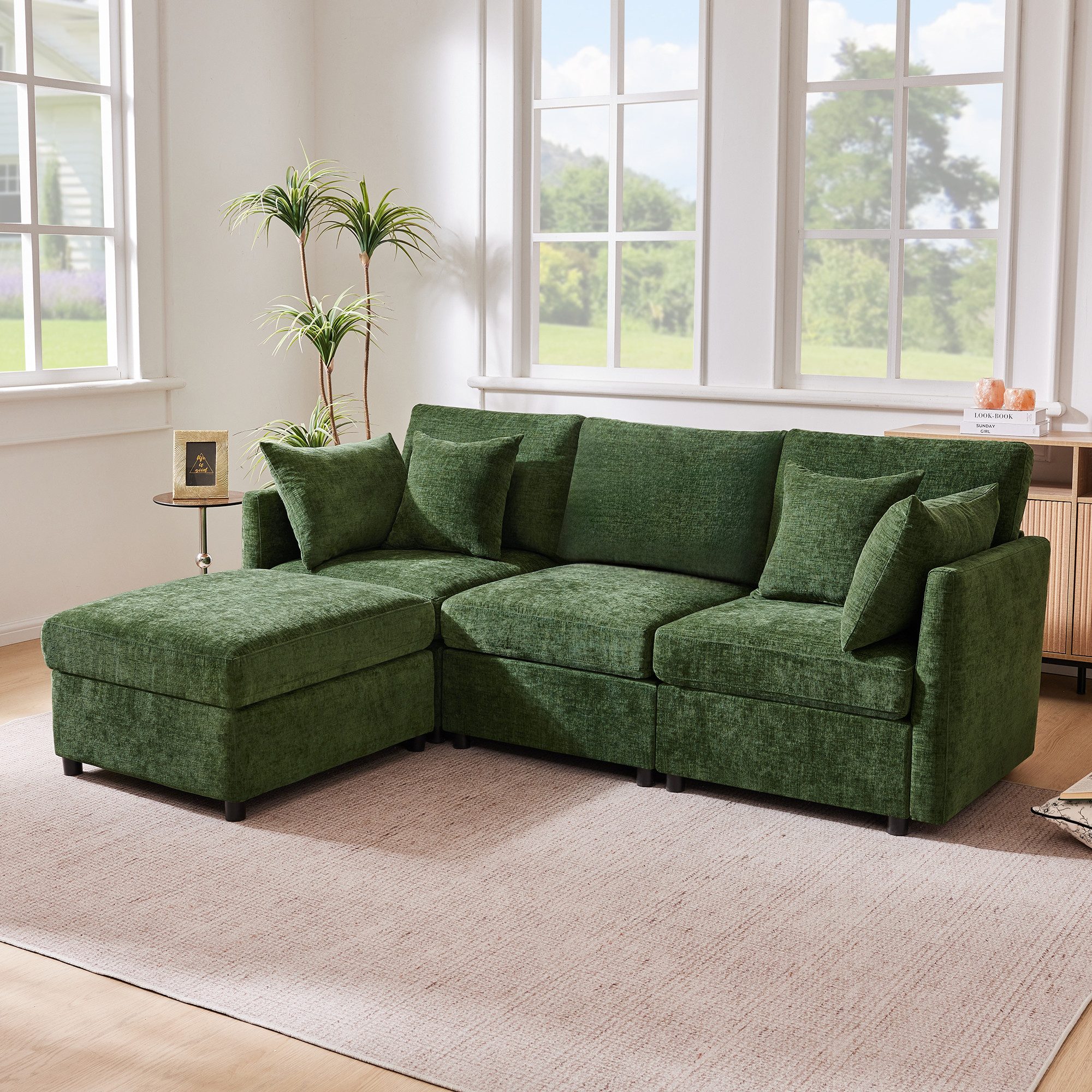 OKWISH Ecksofa 216x81x161 cm aus Chenille mit modularem Hocker, Ideal für Wohnzimmer, Apartment & Büro 1 Teile, Modular mit 4 Chenille‑Kissen in Grün, umwandelbar zum 3‑Sitzer