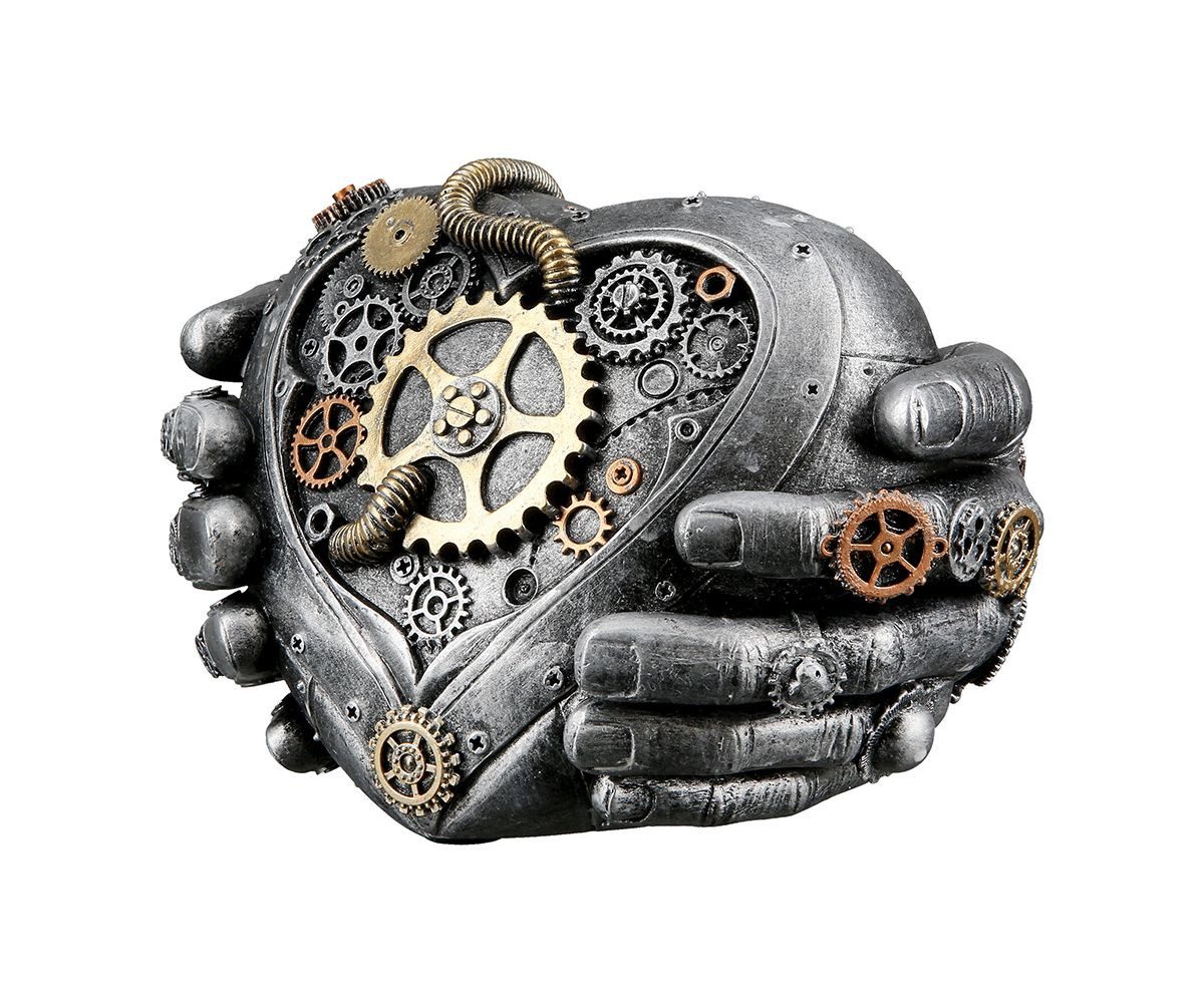 GILDE Dekoobjekt Steampunk Herz in Händen 37691 – Kunststein-Skulptur 15 cm metallic