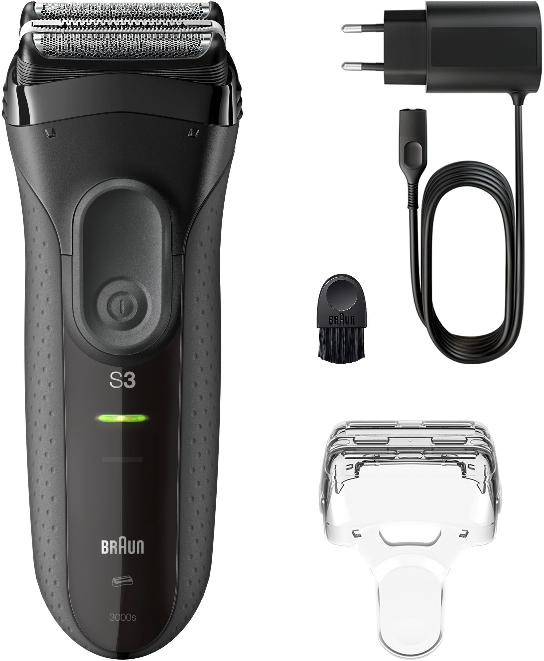 Braun Elektrorasierer Series 3+ 3000s, 3 flexible Klingen, effizienter MicroComb Mitteltrimmer grau|schwarz