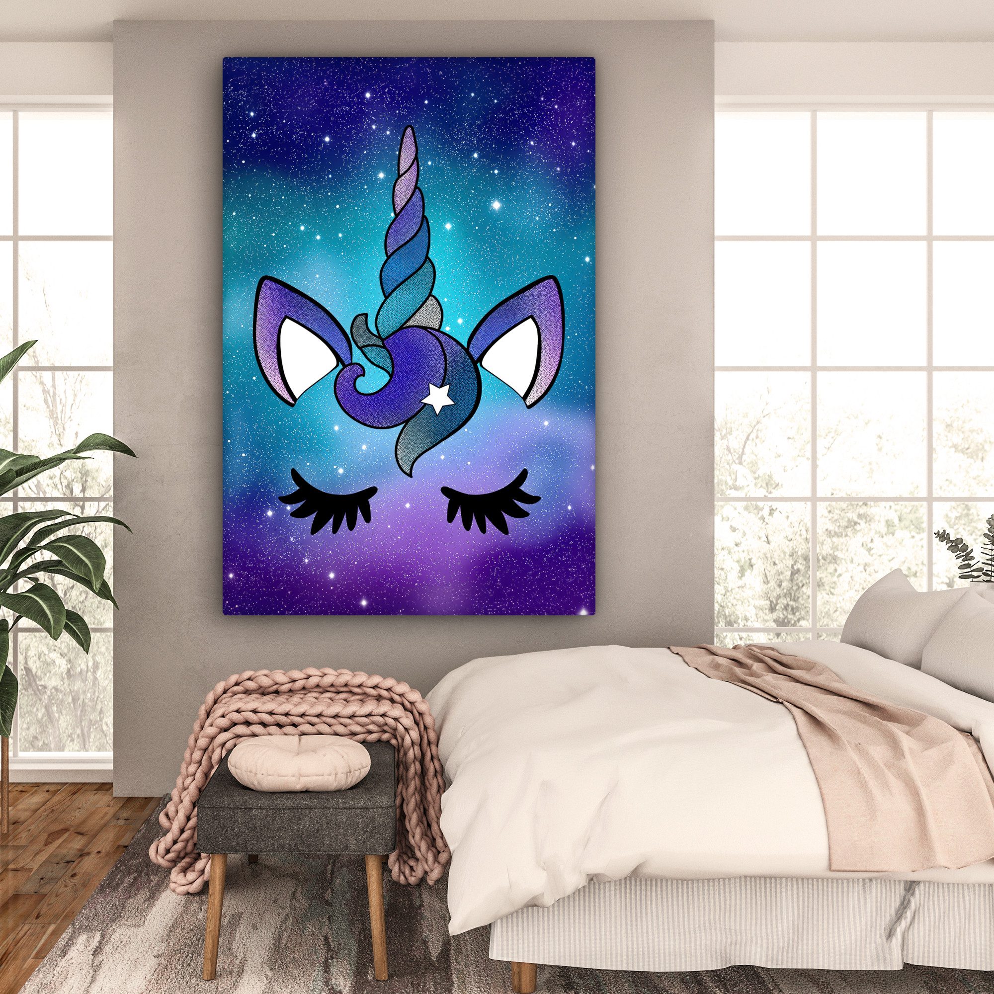 OneMillionCanvasses® Leinwandbild Einhorn - Sternenhimmel - Blau, Fotodruck (1 St), Leinwandbilder XXL für Wohnzimmer 90x140 cm