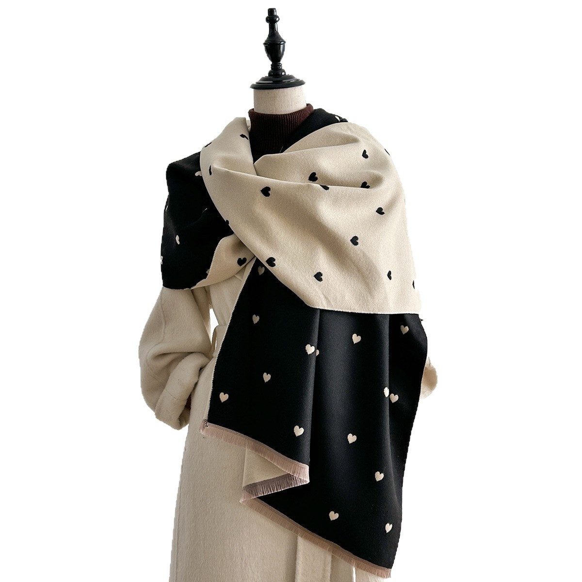 FOUORTUNATE-BEE Schal Damen Kuschelschal mit Herz-Muster, doppelseitig & warm Schal, Winterponcho Schal mit geometrischem Muster, modisch weich