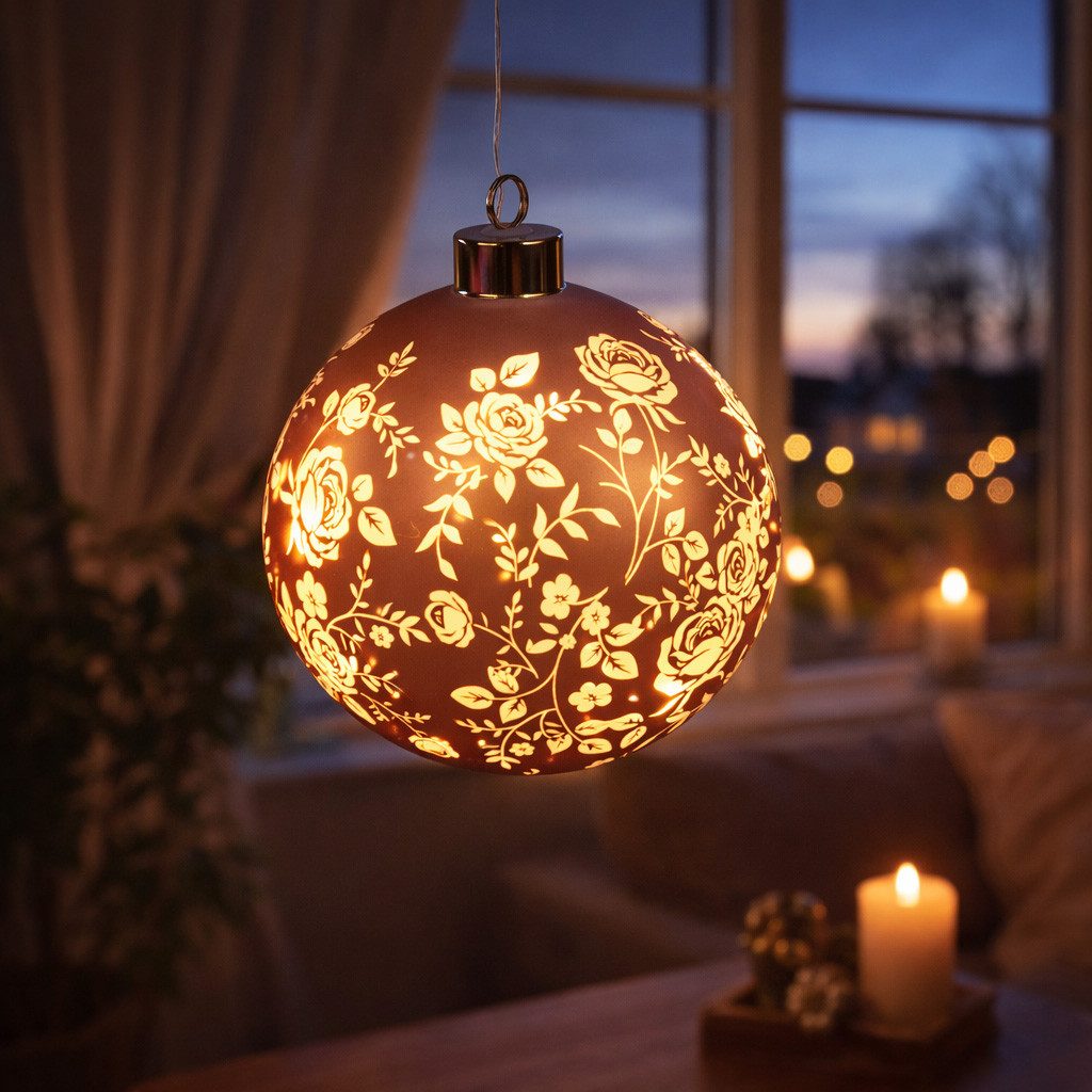 formano Dekolicht LED Deko Kugel hängend 10cm Glaskugel mit Timer und Rosen-Dekor, LED fest integriert