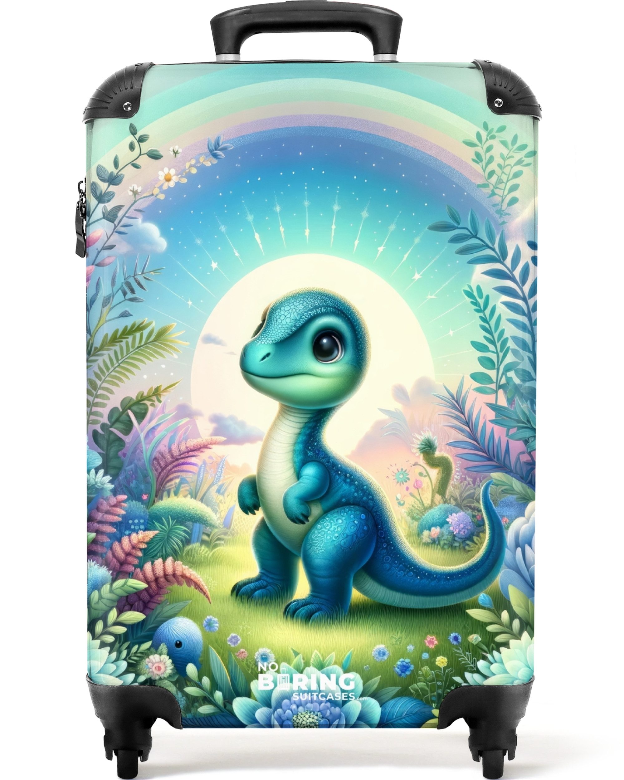 Kinderkoffer Blauer Dino inmitten von Blumen und Pflanzen 55x35x20cm